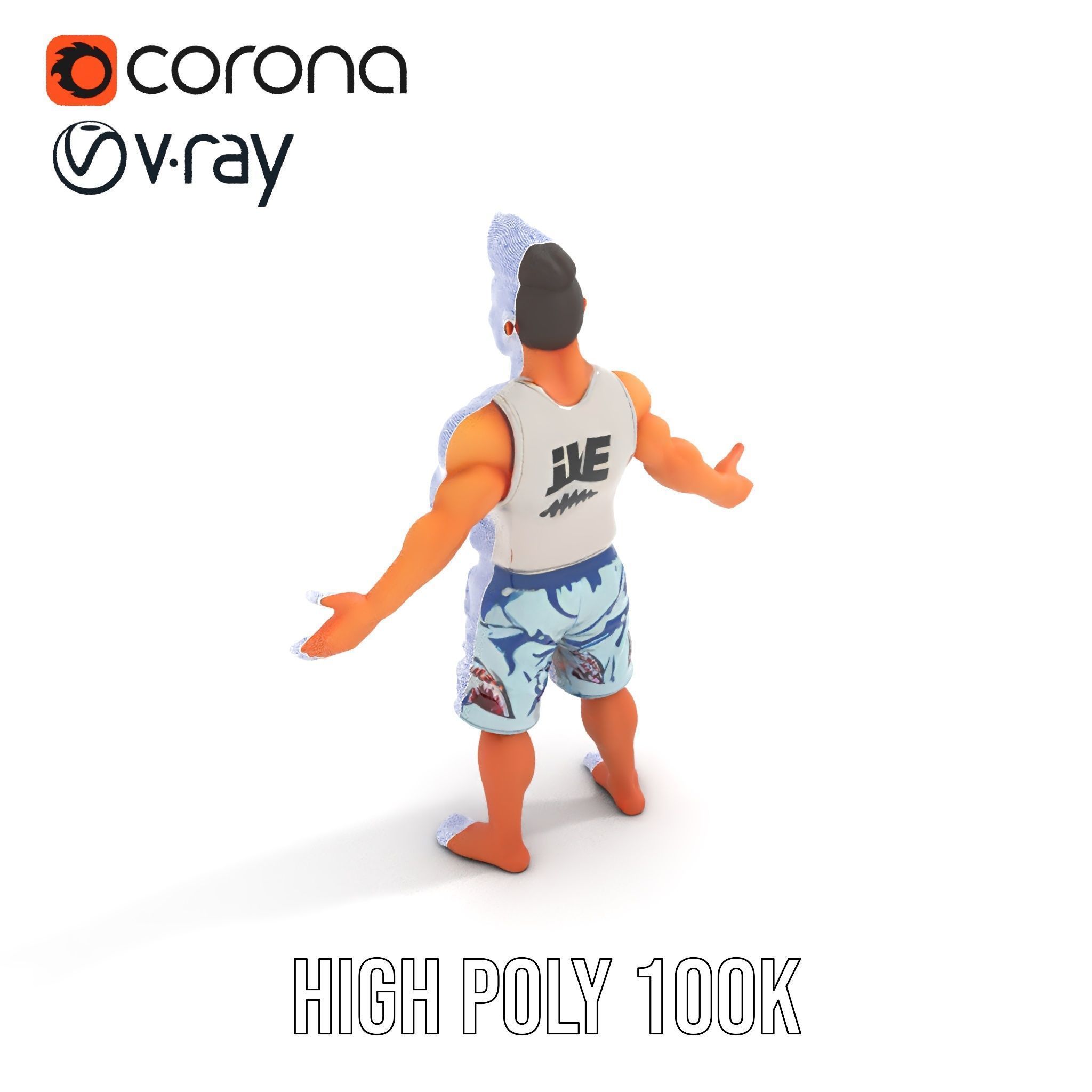 Surf Dude in Shark Shorts Rigged and Animated Character Model Low-poly 3D model_17