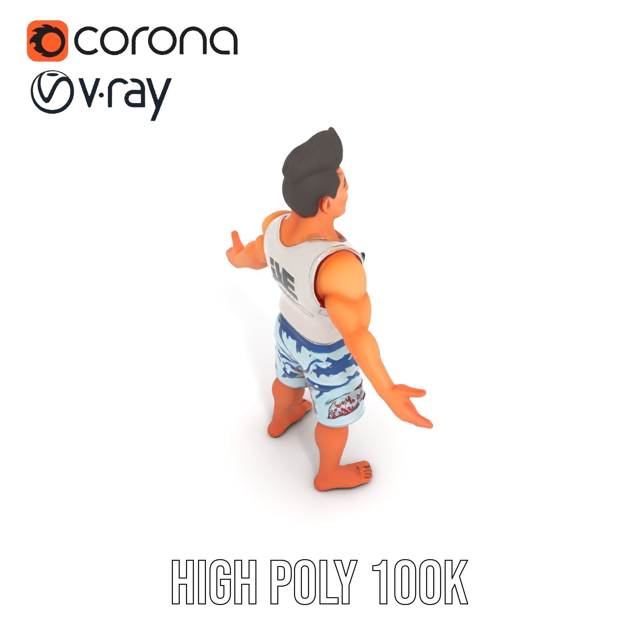 Surf Dude in Shark Shorts Rigged and Animated Character Model Low-poly 3D model_23