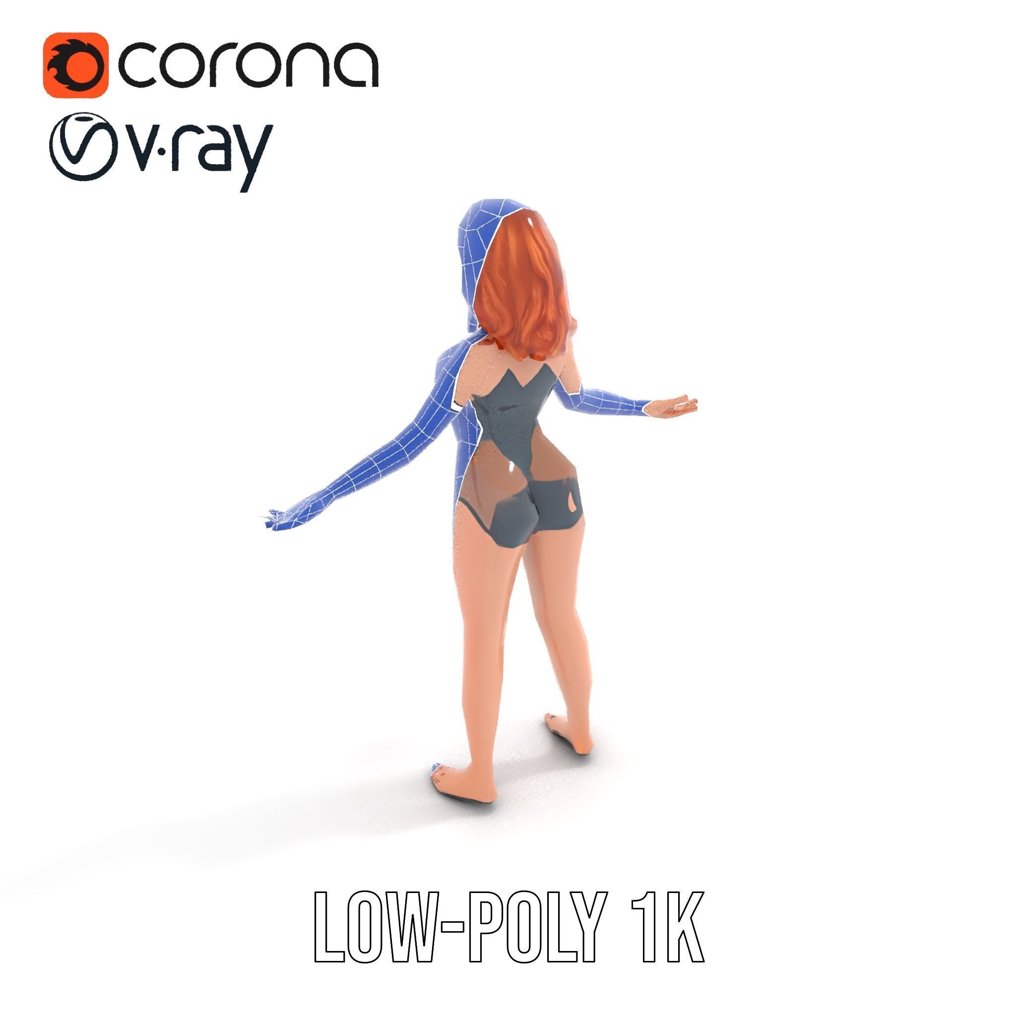Redhead Female Swimsuit Model  Rigged and Animated Low-poly 3D model_16