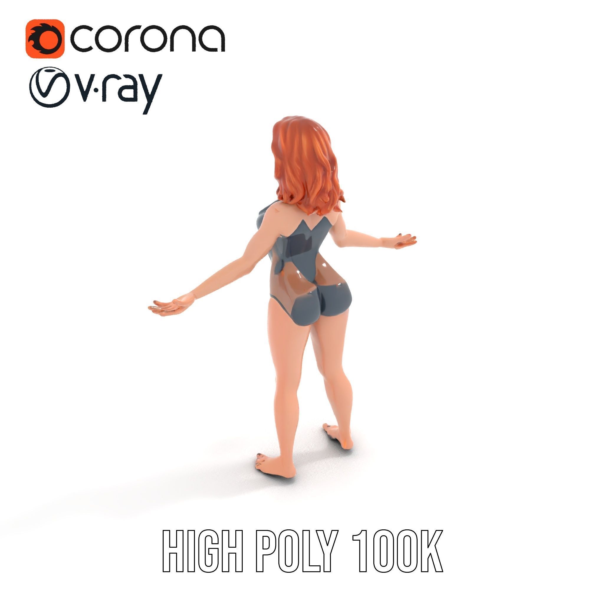 Redhead Female Swimsuit Model  Rigged and Animated Low-poly 3D model_14