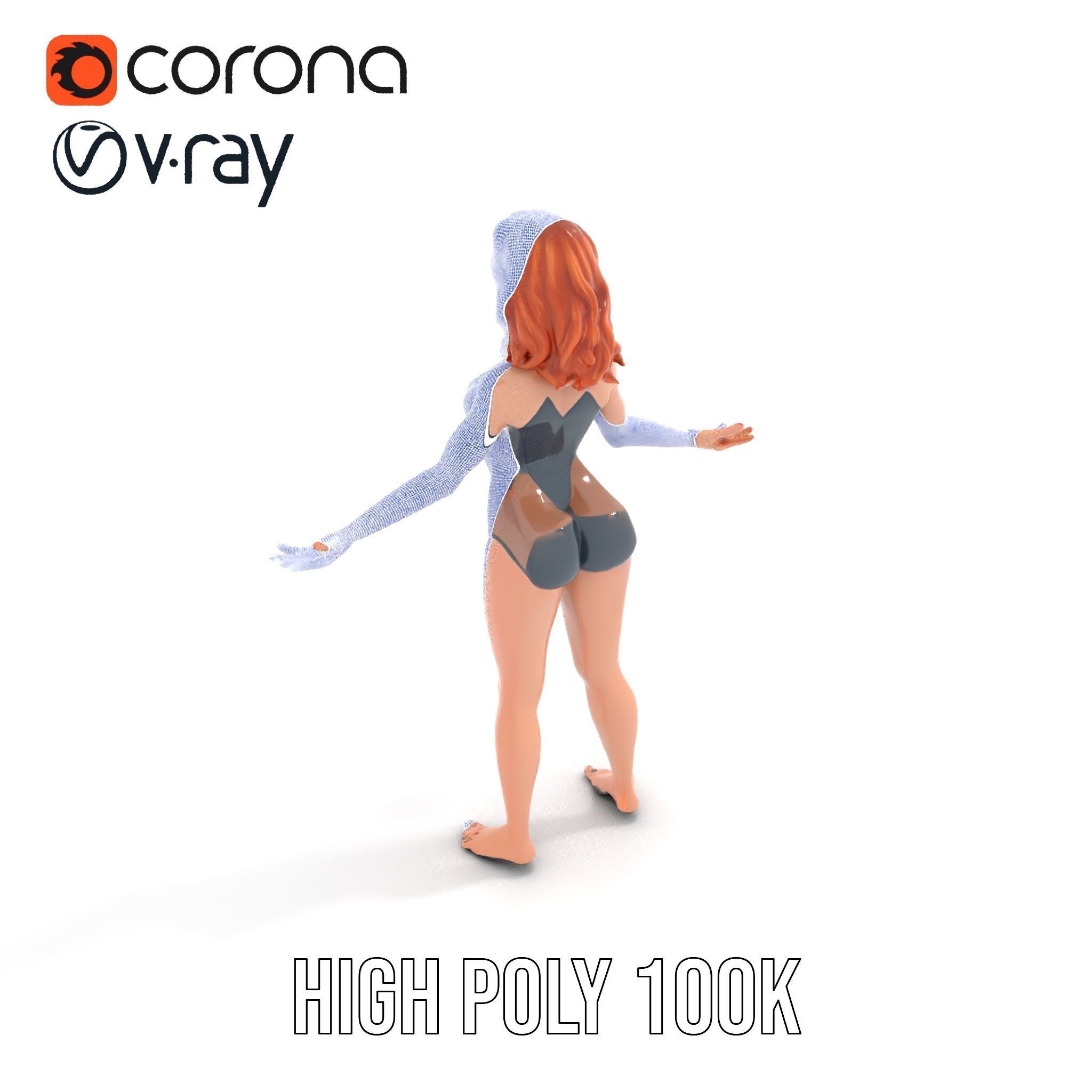 Redhead Female Swimsuit Model  Rigged and Animated Low-poly 3D model_31