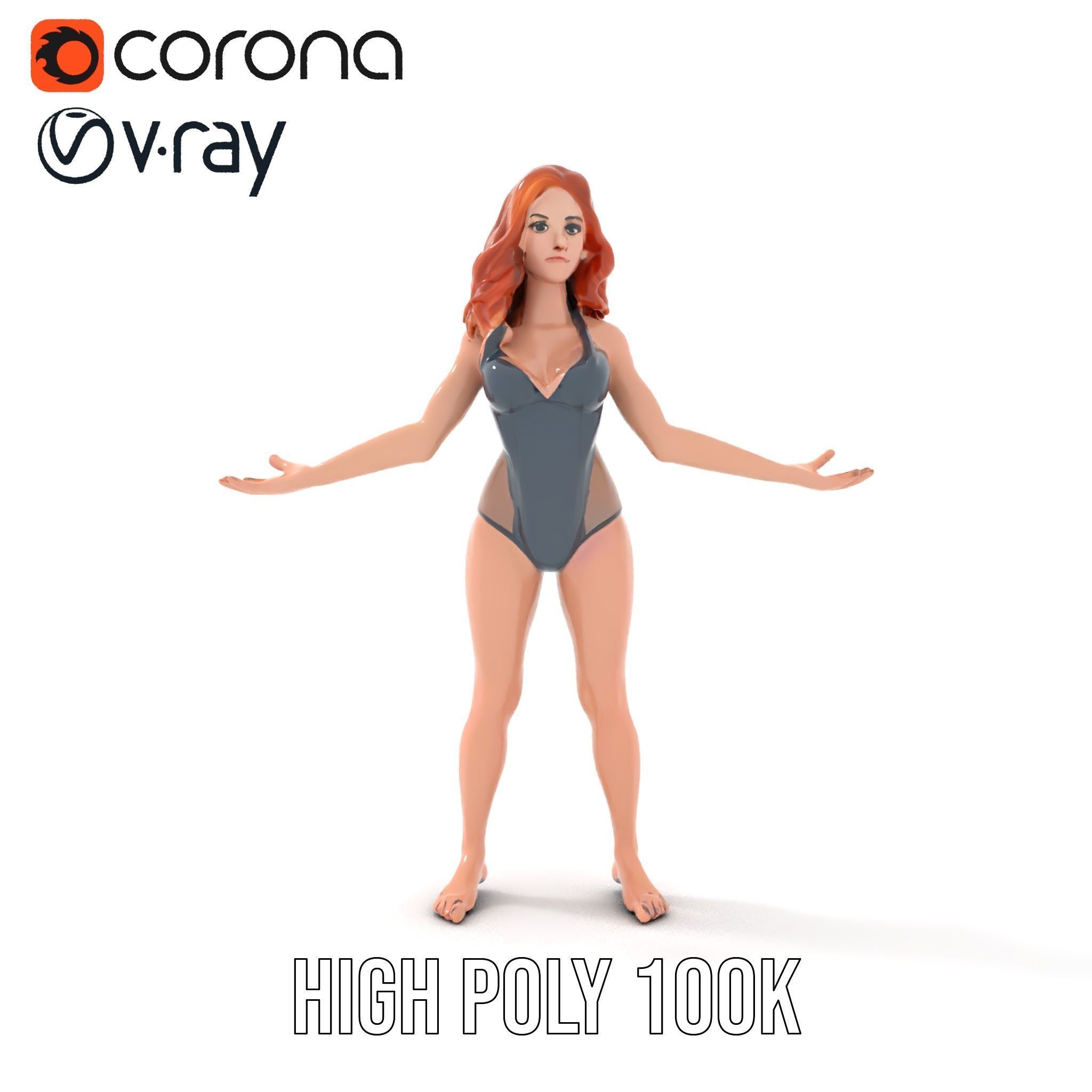Redhead Female Swimsuit Model  Rigged and Animated Low-poly 3D model_28
