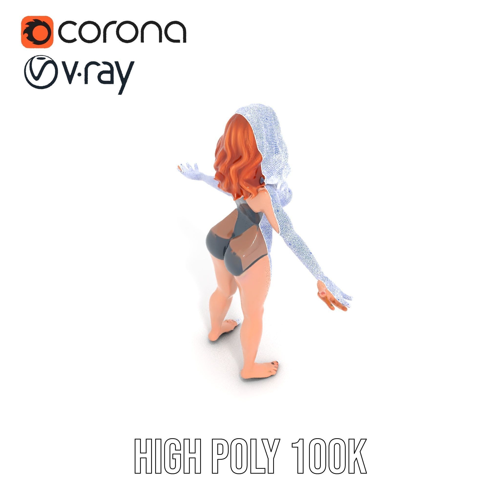 Redhead Female Swimsuit Model  Rigged and Animated Low-poly 3D model_36