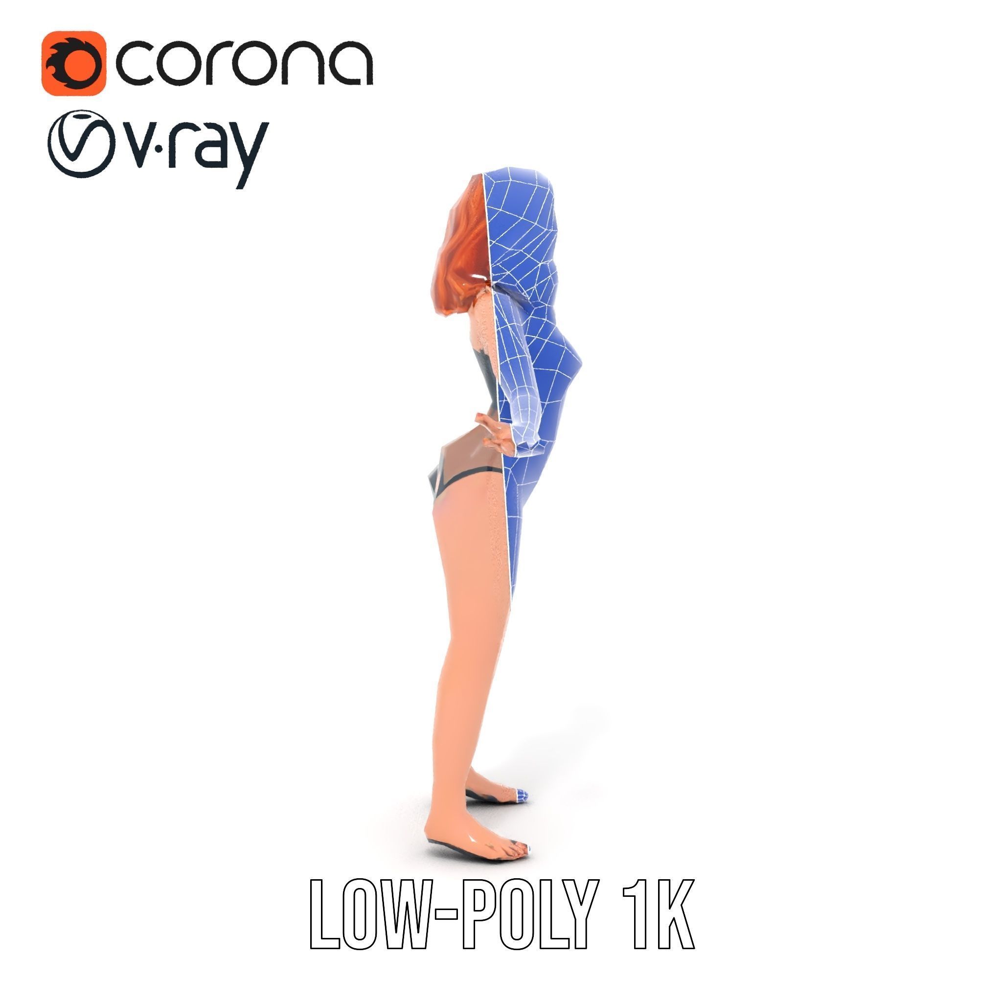 Redhead Female Swimsuit Model  Rigged and Animated Low-poly 3D model_30