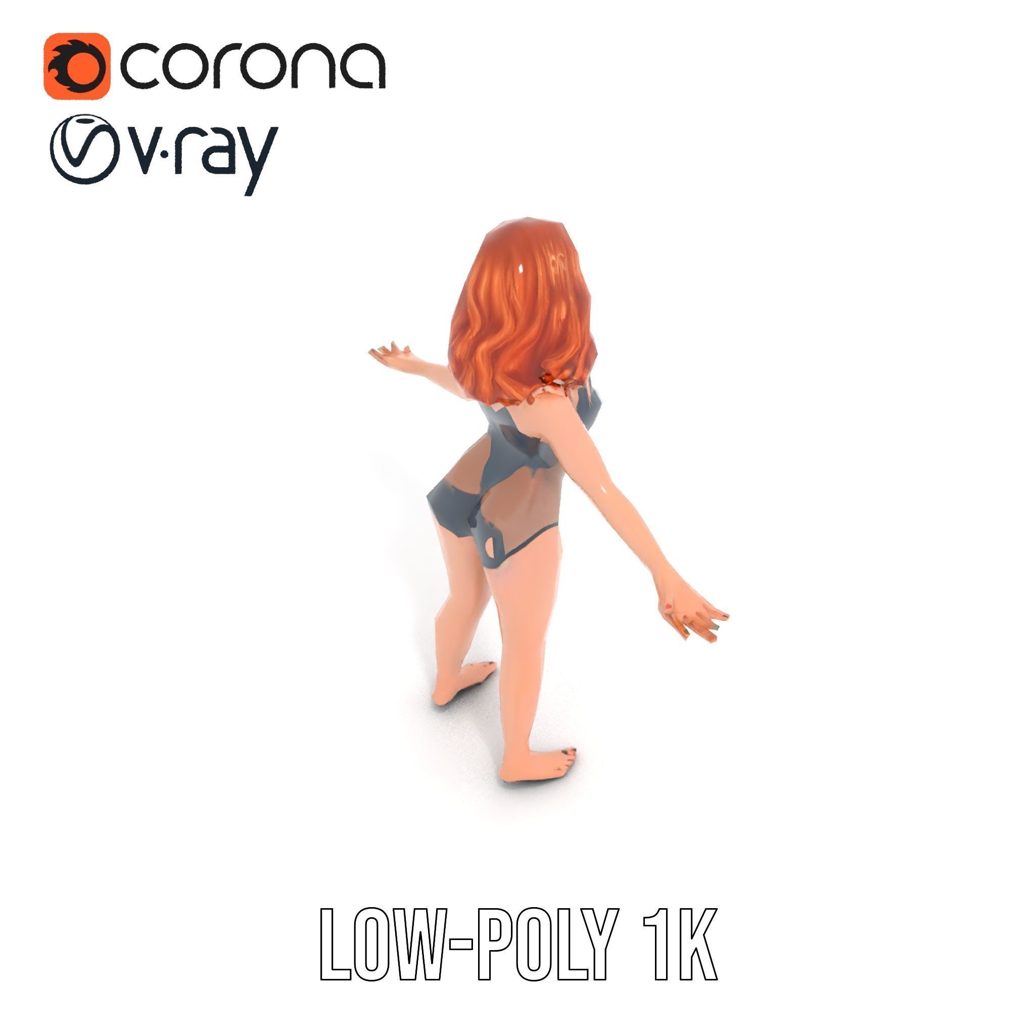 Redhead Female Swimsuit Model  Rigged and Animated Low-poly 3D model_13