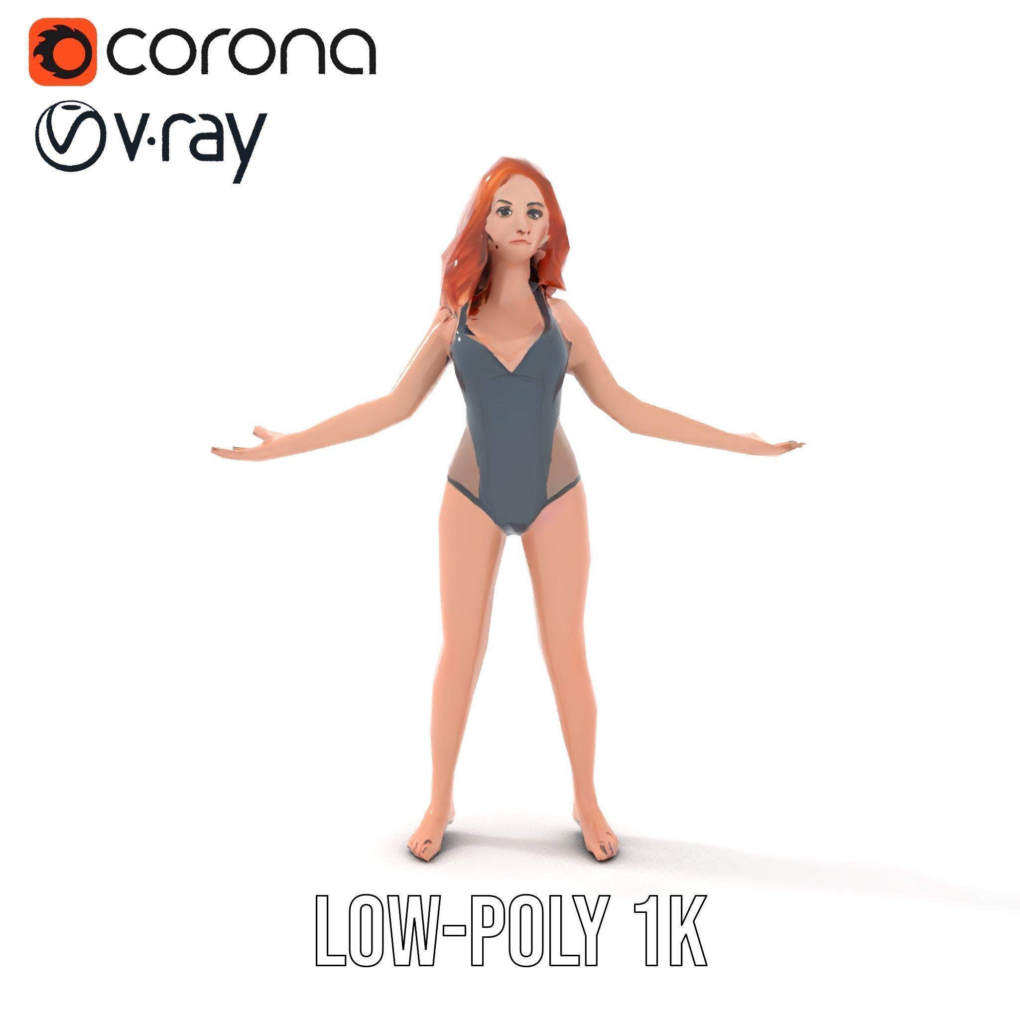 Redhead Female Swimsuit Model  Rigged and Animated Low-poly 3D model_10