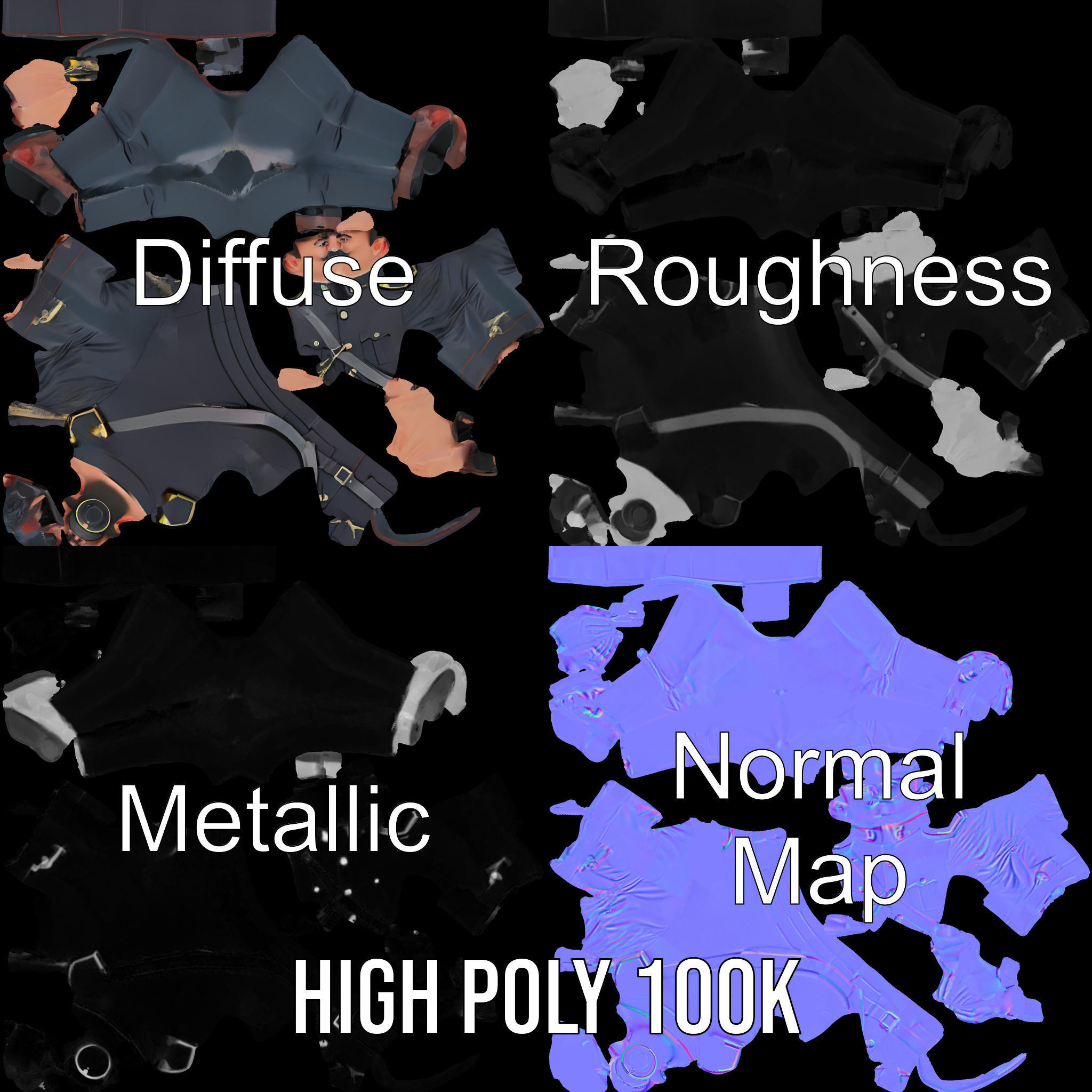 Animated Rigged Military Officer Character Model with Mustache Low-poly 3D model_3