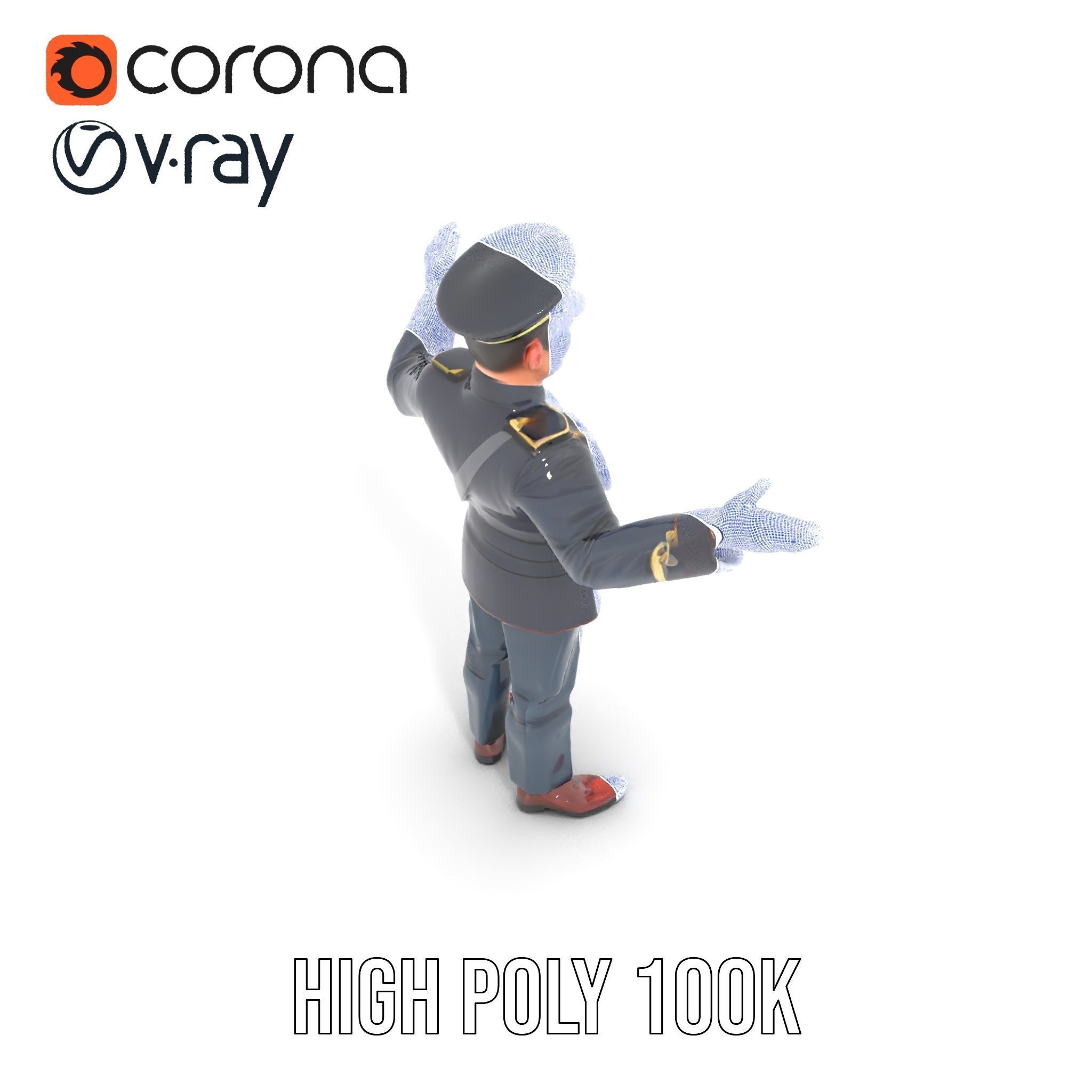 Animated Rigged Military Officer Character Model with Mustache Low-poly 3D model_31