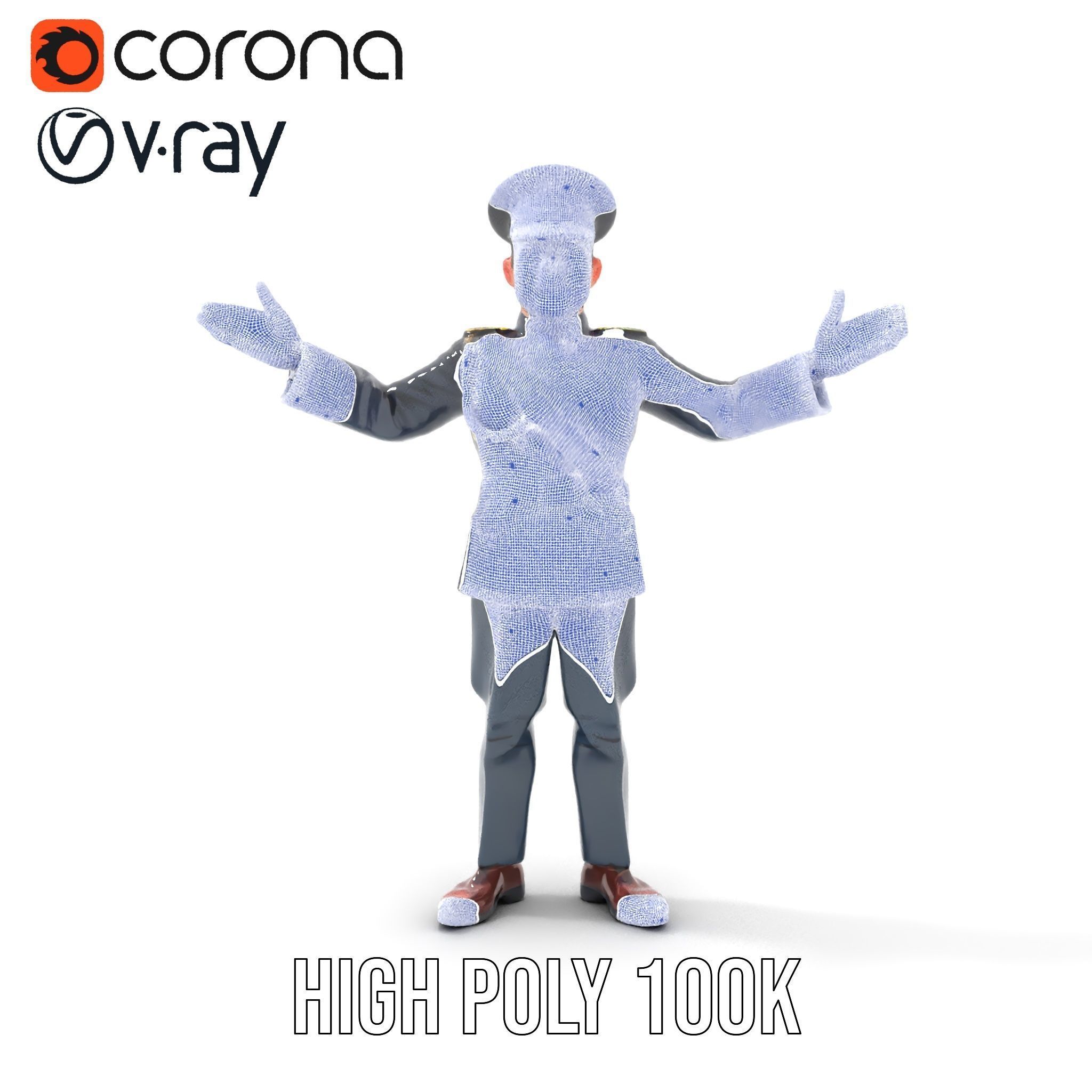 Animated Rigged Military Officer Character Model with Mustache Low-poly 3D model_22