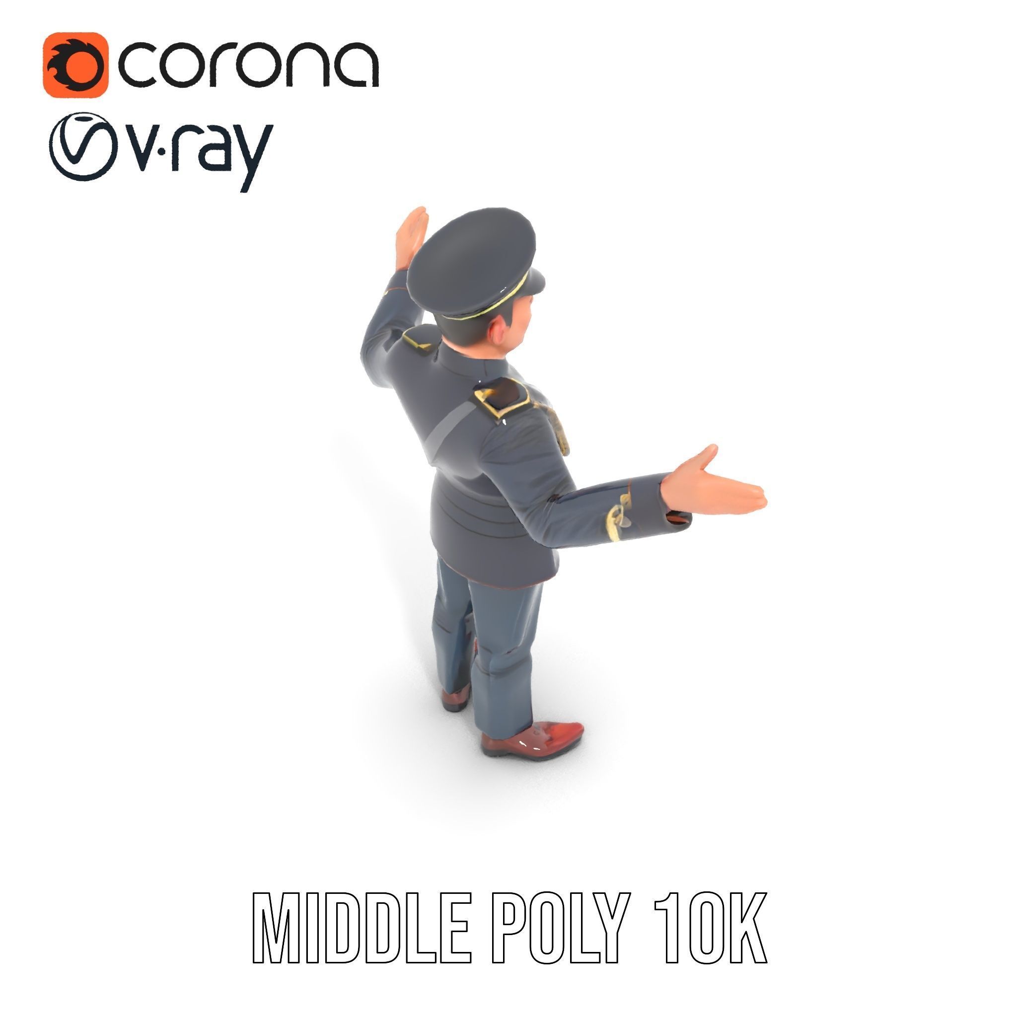 Animated Rigged Military Officer Character Model with Mustache Low-poly 3D model_15