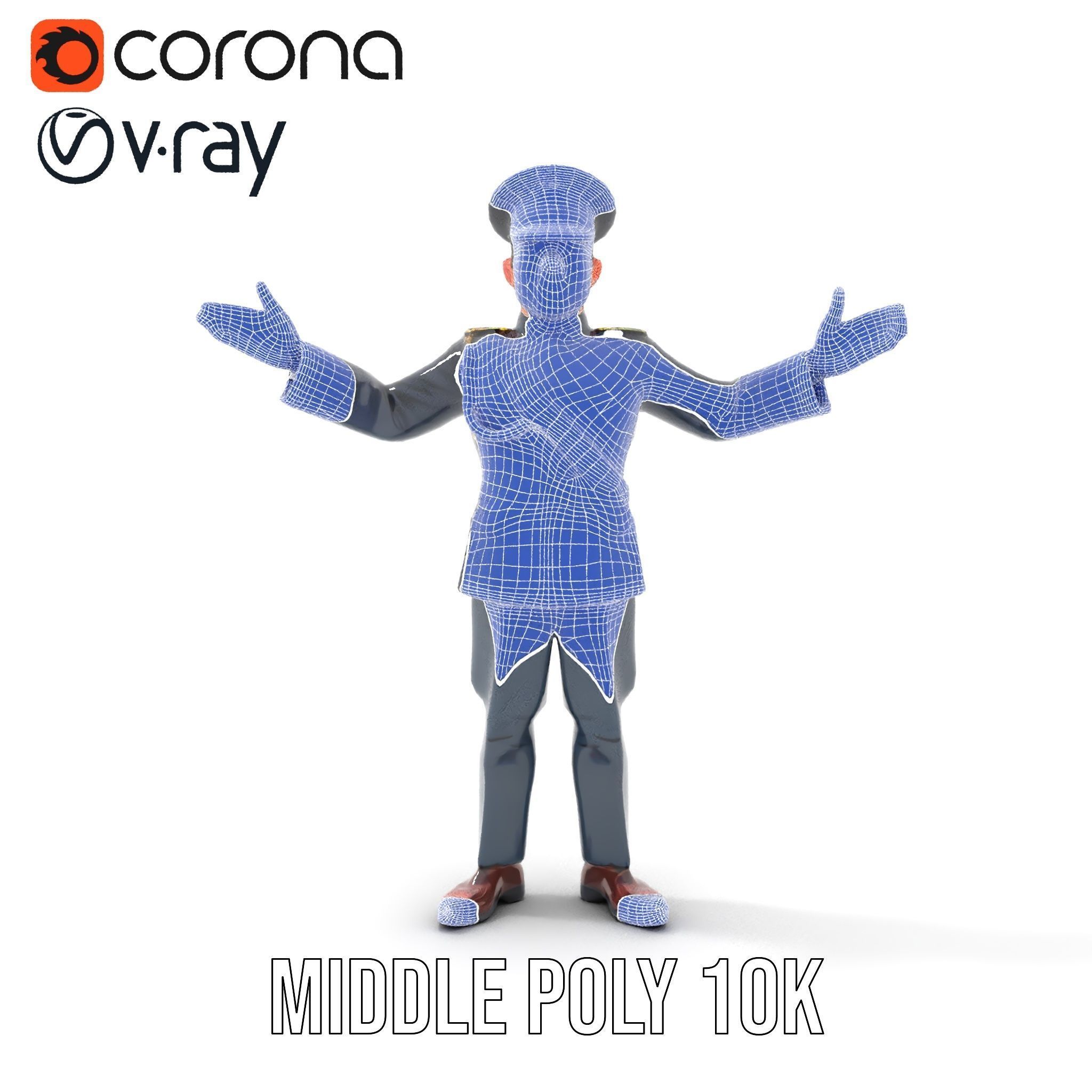 Animated Rigged Military Officer Character Model with Mustache Low-poly 3D model_34