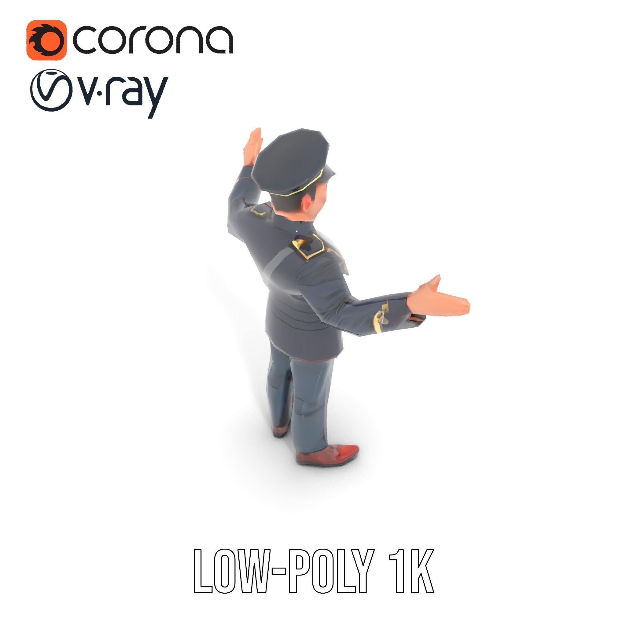 Animated Rigged Military Officer Character Model with Mustache Low-poly 3D model_21