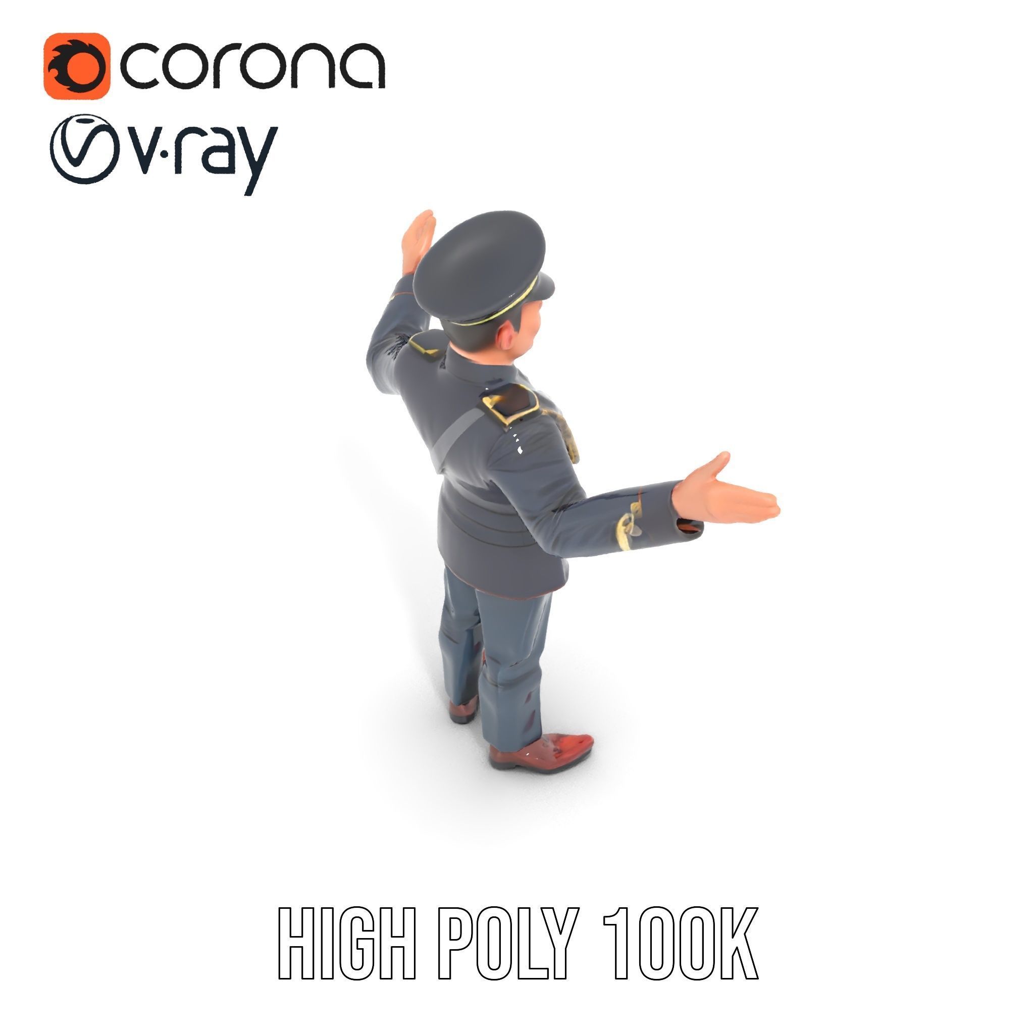 Animated Rigged Military Officer Character Model with Mustache Low-poly 3D model_11