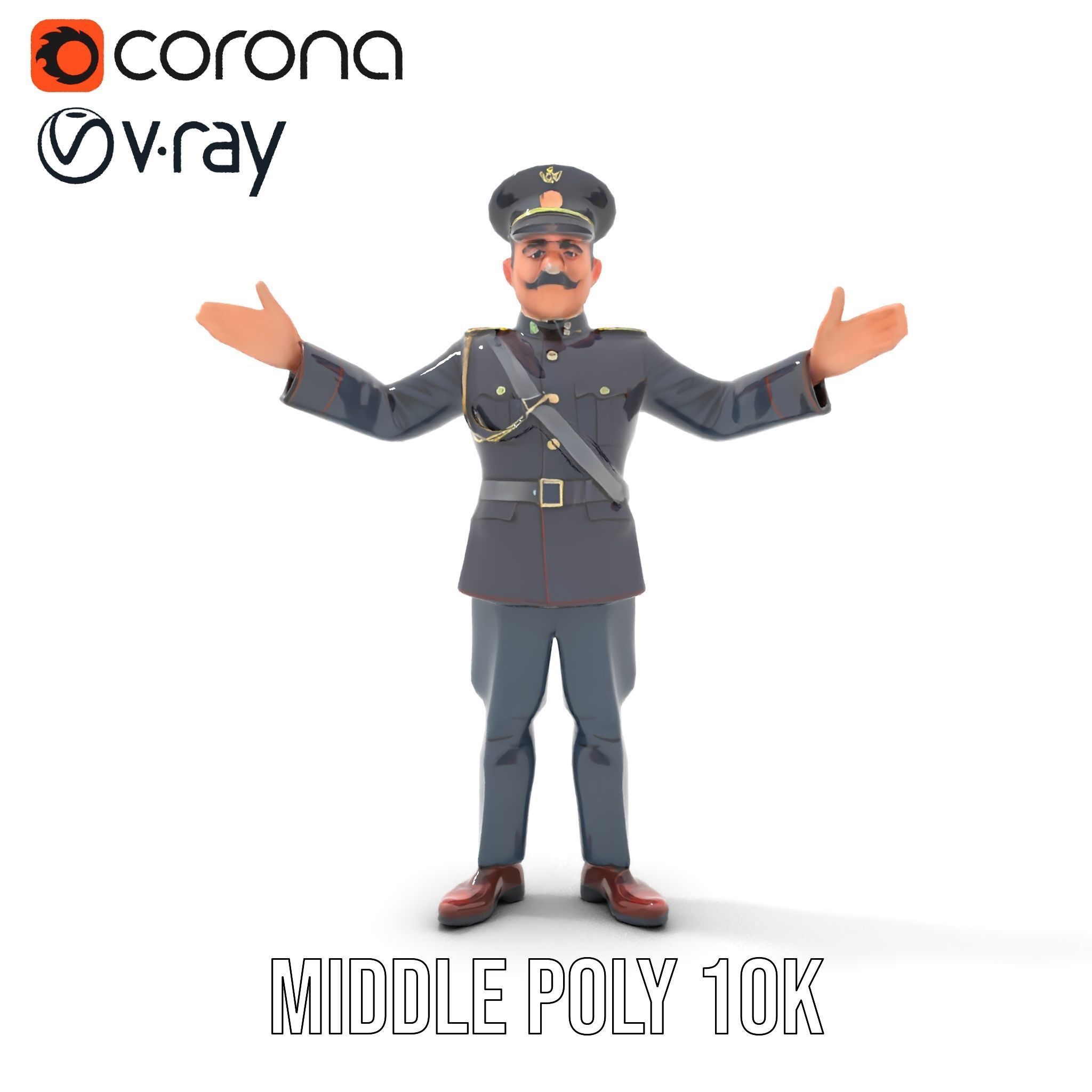 Animated Rigged Military Officer Character Model with Mustache Low-poly 3D model_12