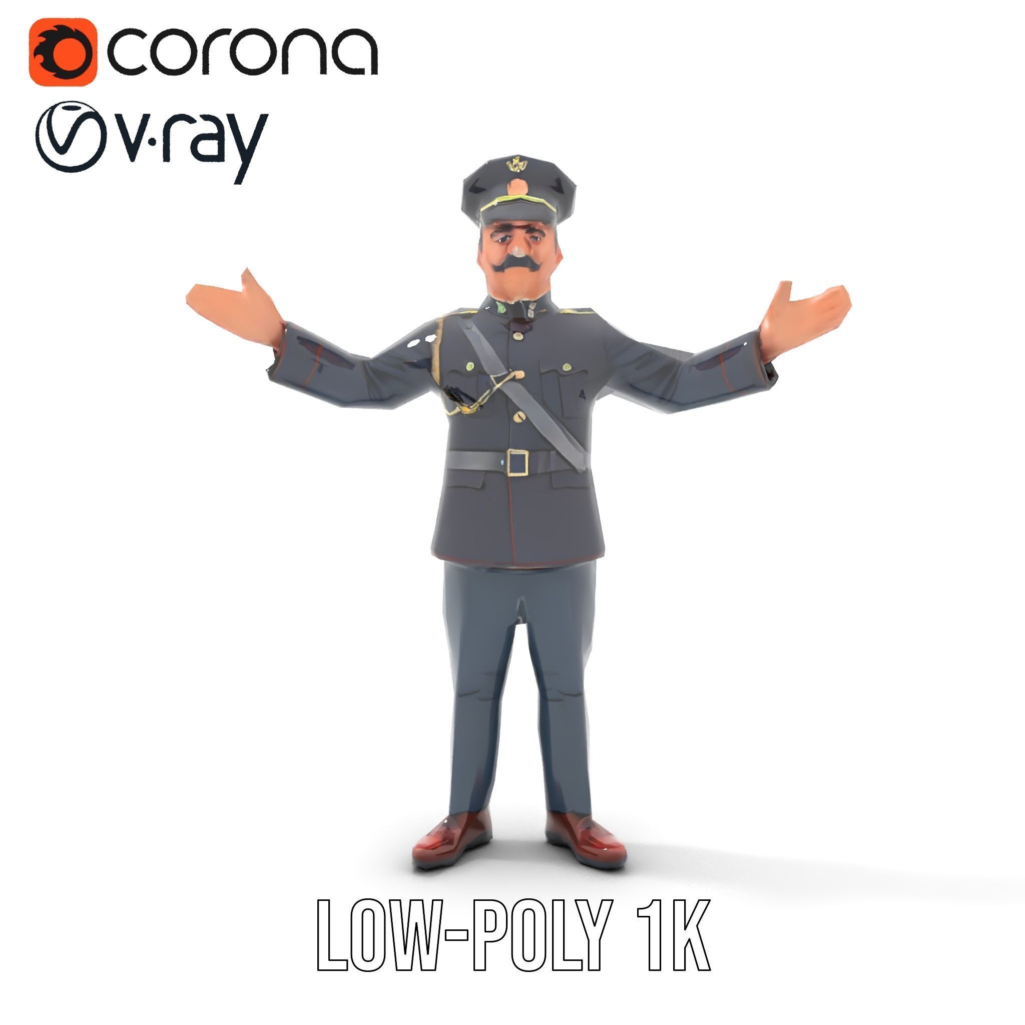 Animated Rigged Military Officer Character Model with Mustache Low-poly 3D model_7