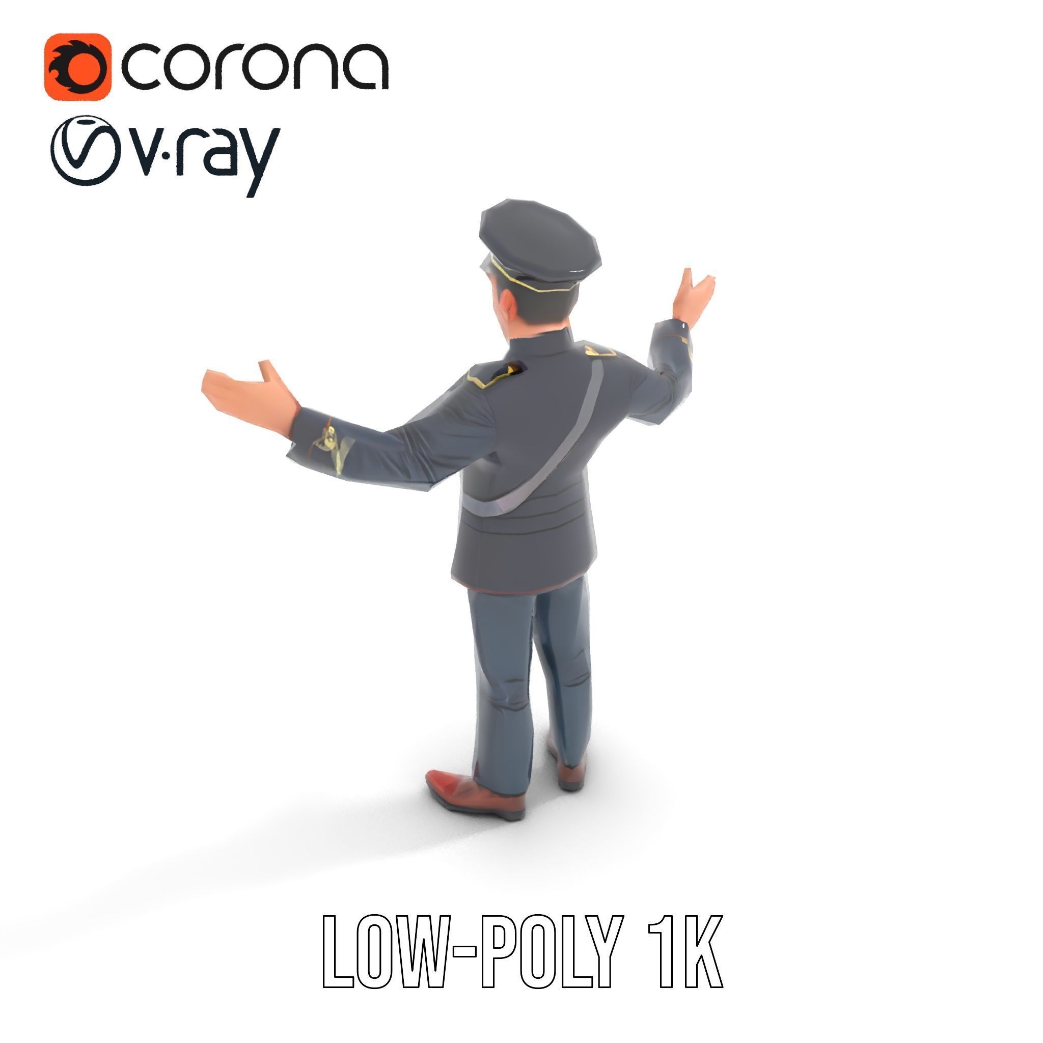 Animated Rigged Military Officer Character Model with Mustache Low-poly 3D model_10