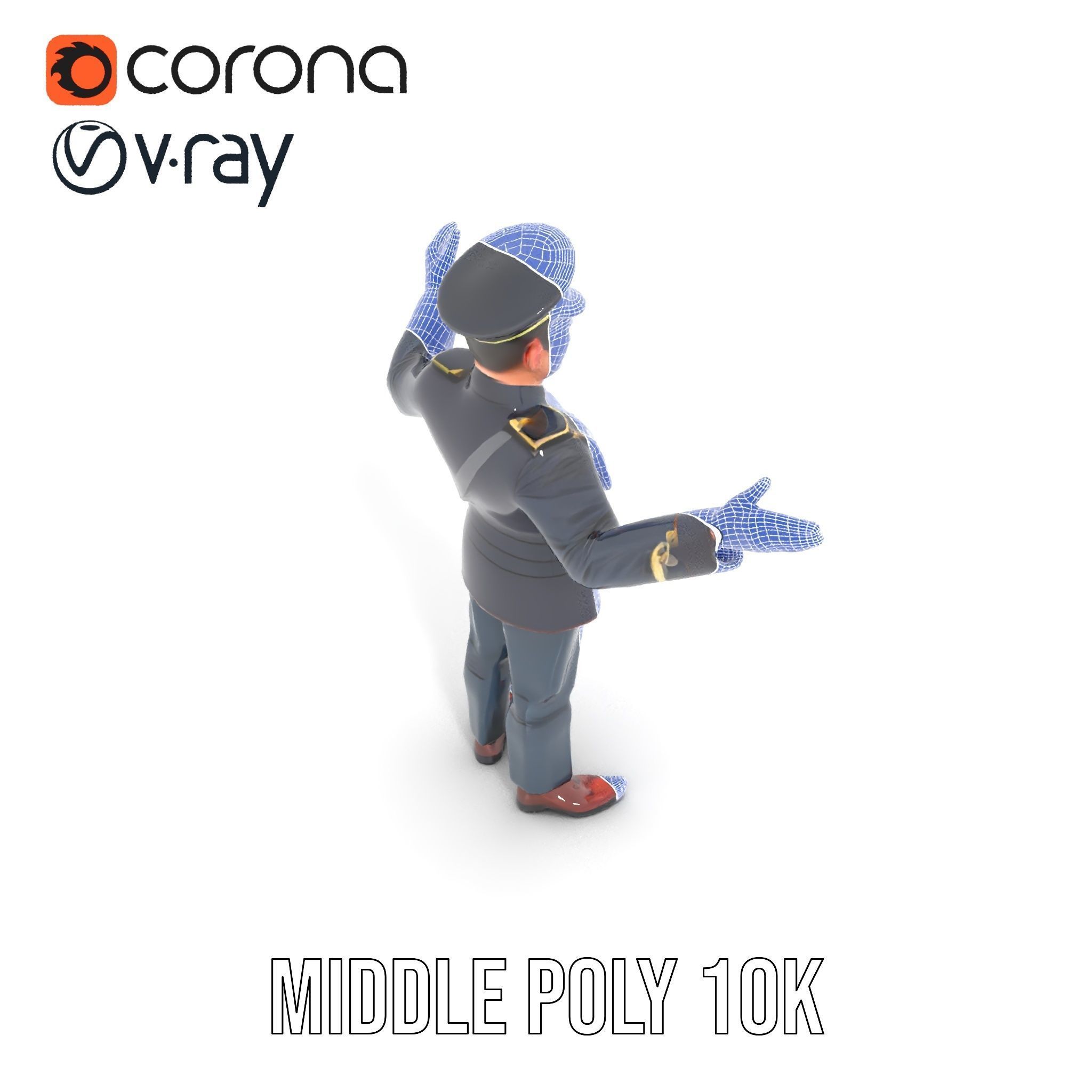 Animated Rigged Military Officer Character Model with Mustache Low-poly 3D model_32