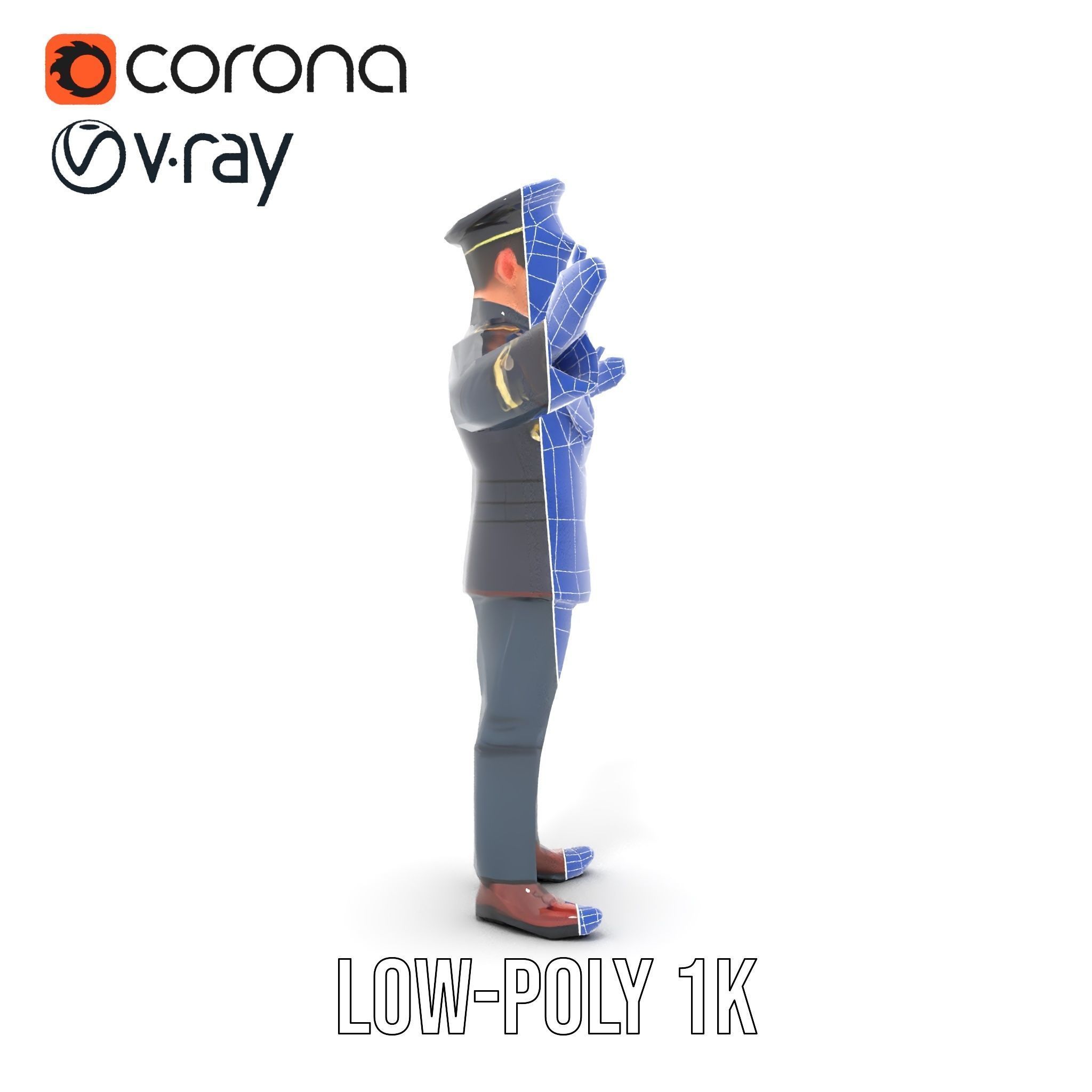 Animated Rigged Military Officer Character Model with Mustache Low-poly 3D model_18