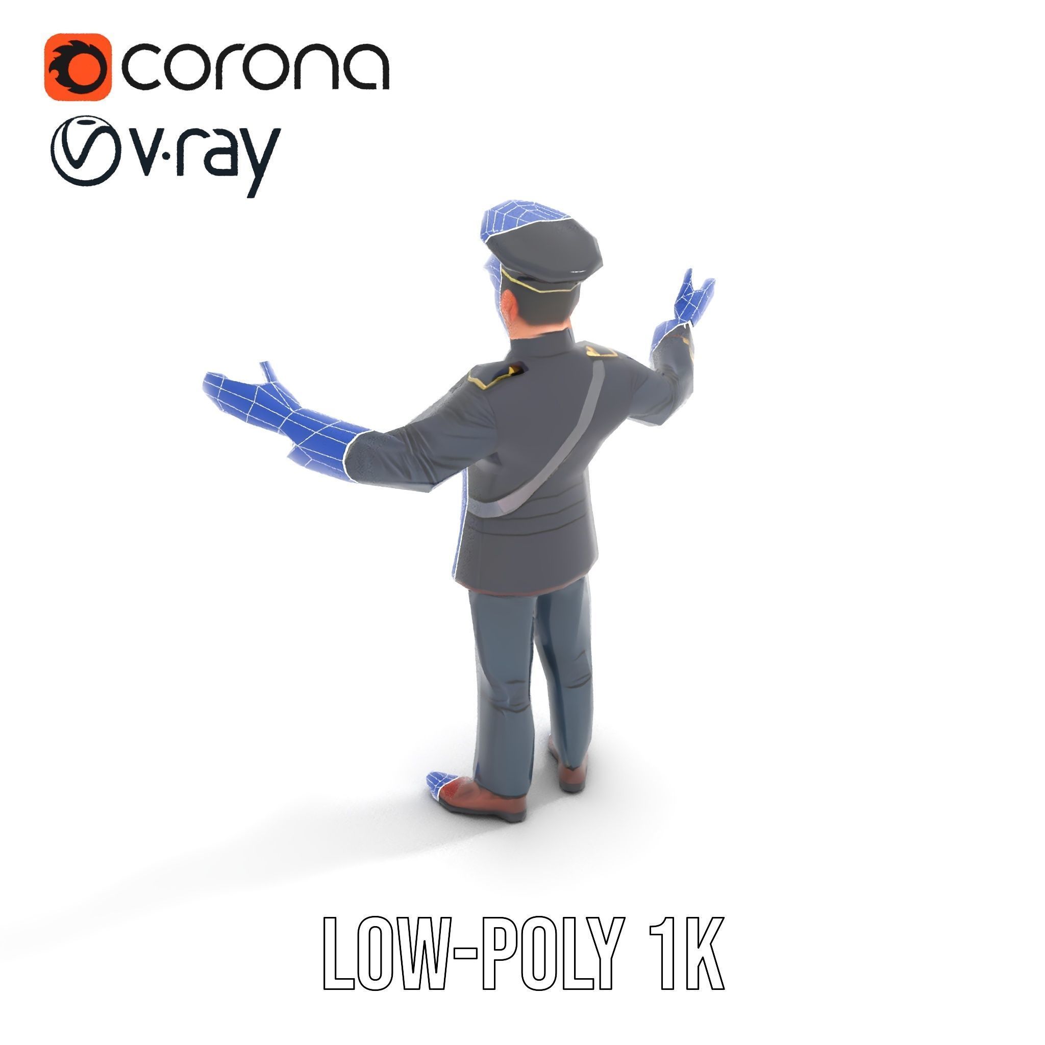 Animated Rigged Military Officer Character Model with Mustache Low-poly 3D model_24