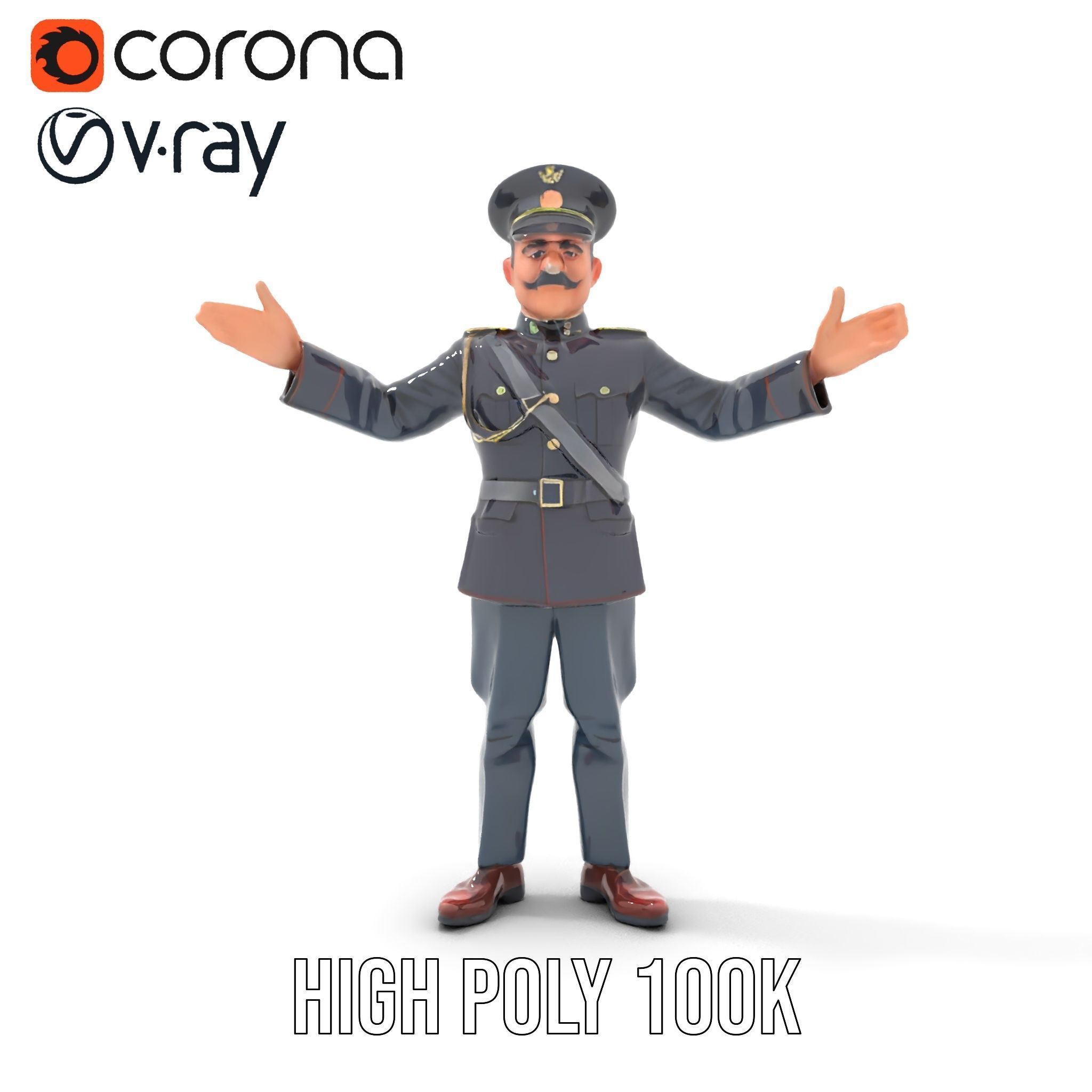 Animated Rigged Military Officer Character Model with Mustache Low-poly 3D model_19