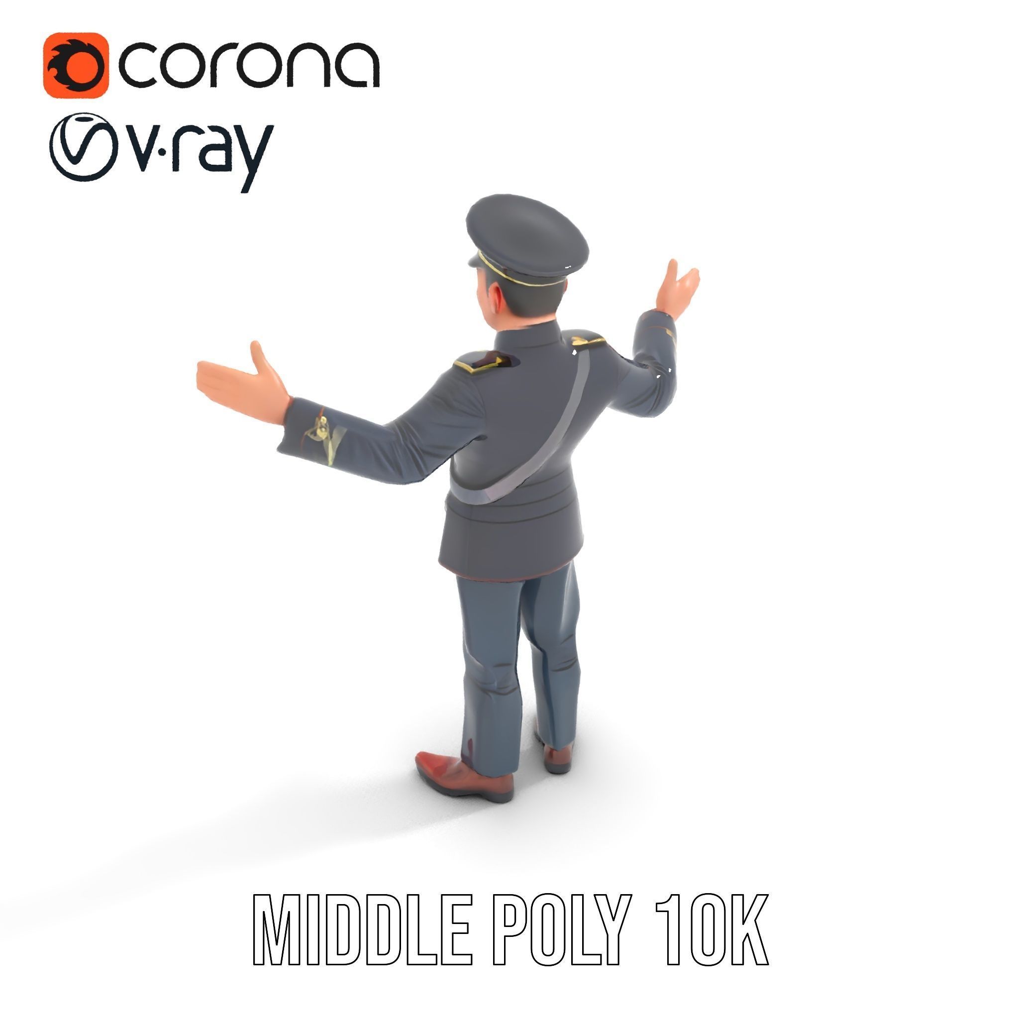 Animated Rigged Military Officer Character Model with Mustache Low-poly 3D model_23