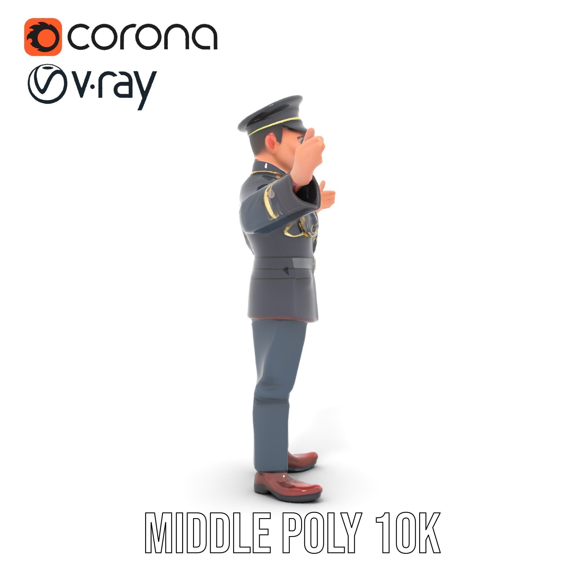 Animated Rigged Military Officer Character Model with Mustache Low-poly 3D model_9