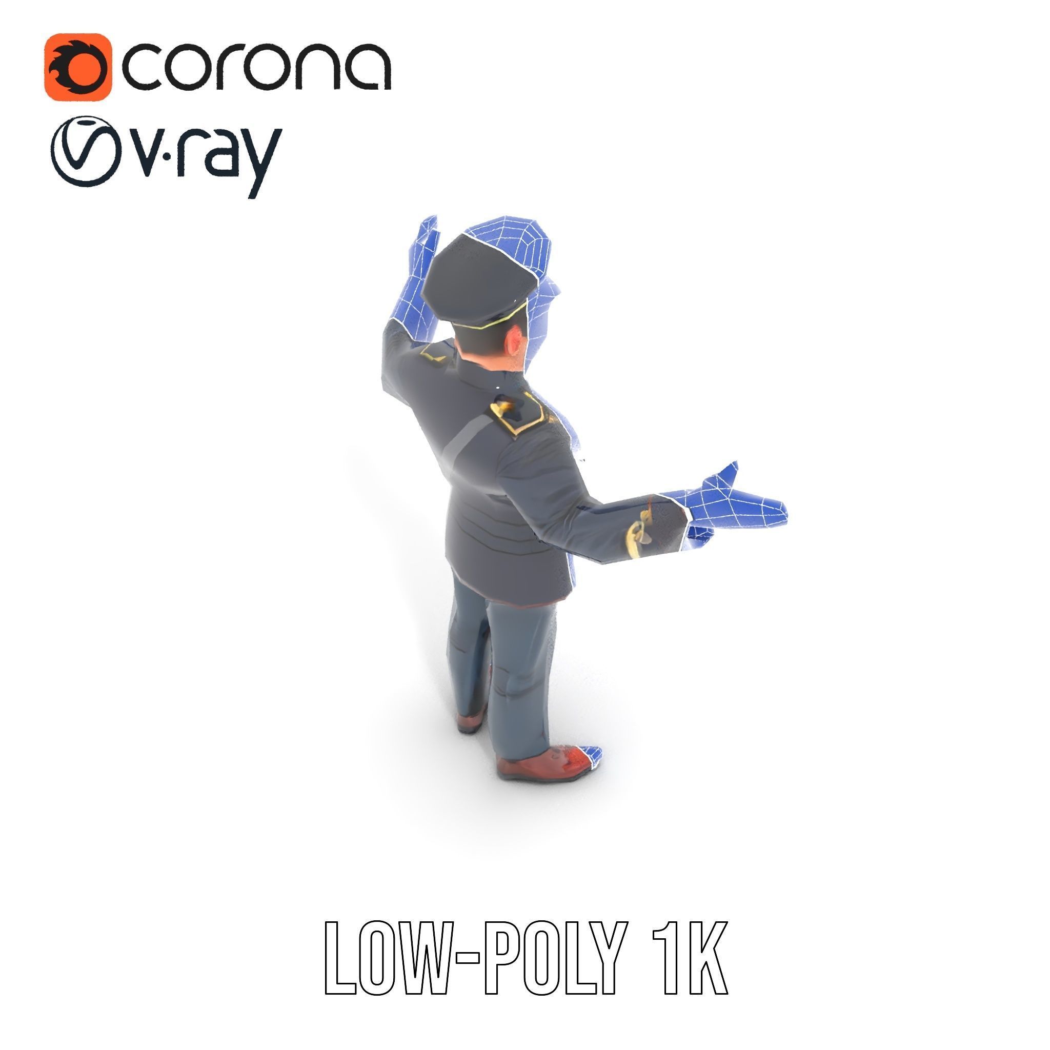 Animated Rigged Military Officer Character Model with Mustache Low-poly 3D model_13