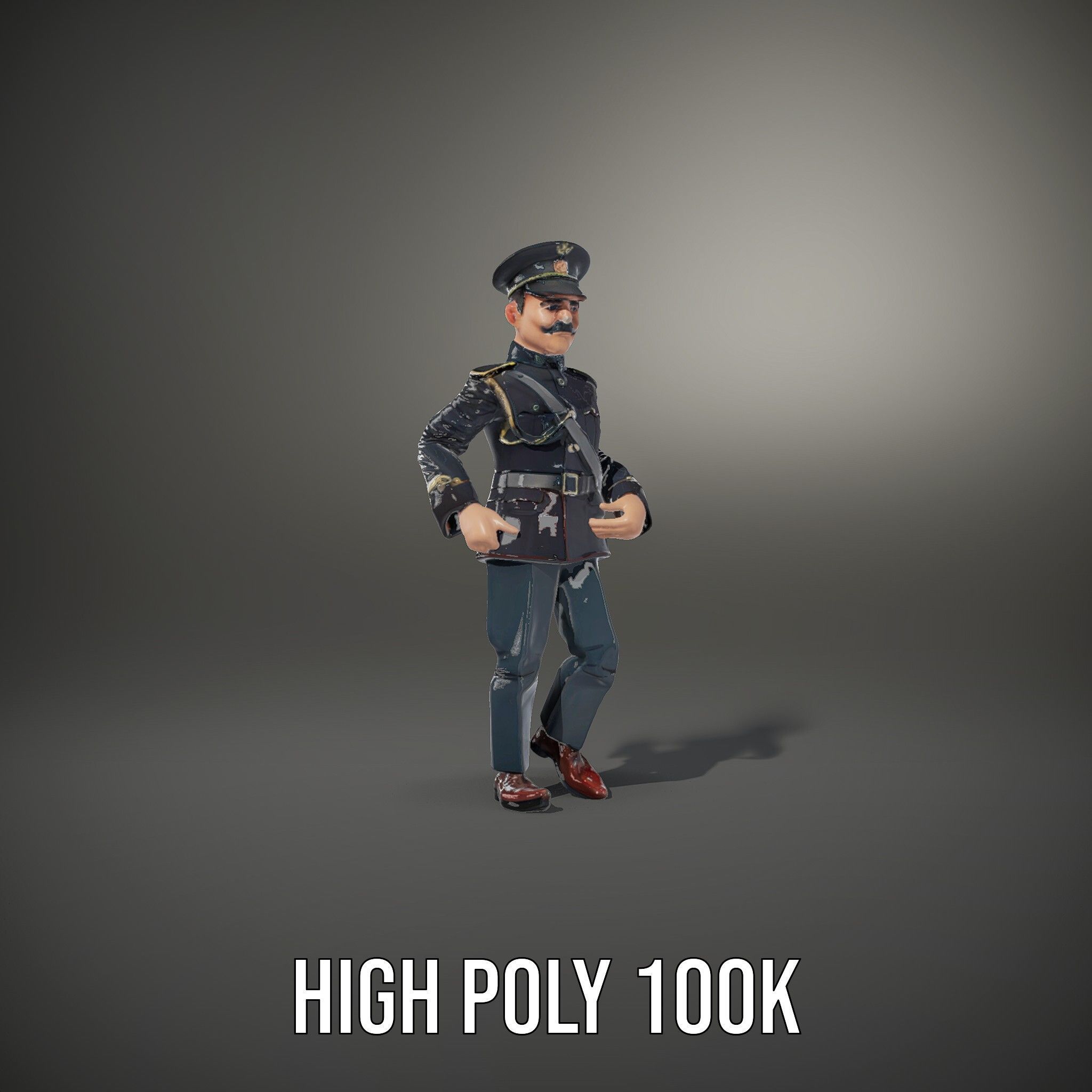 Animated Rigged Military Officer Character Model with Mustache Low-poly 3D model_25