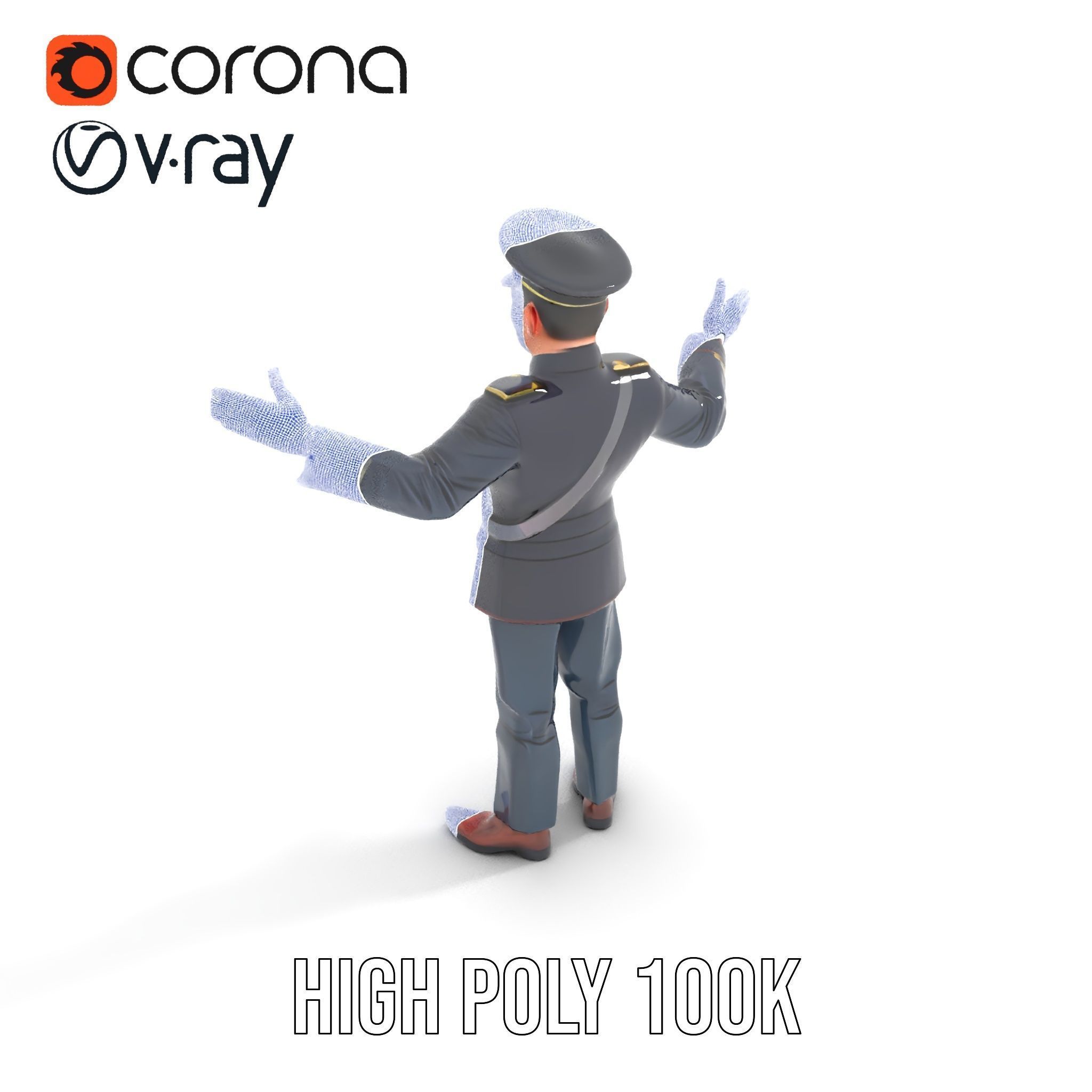 Animated Rigged Military Officer Character Model with Mustache Low-poly 3D model_36