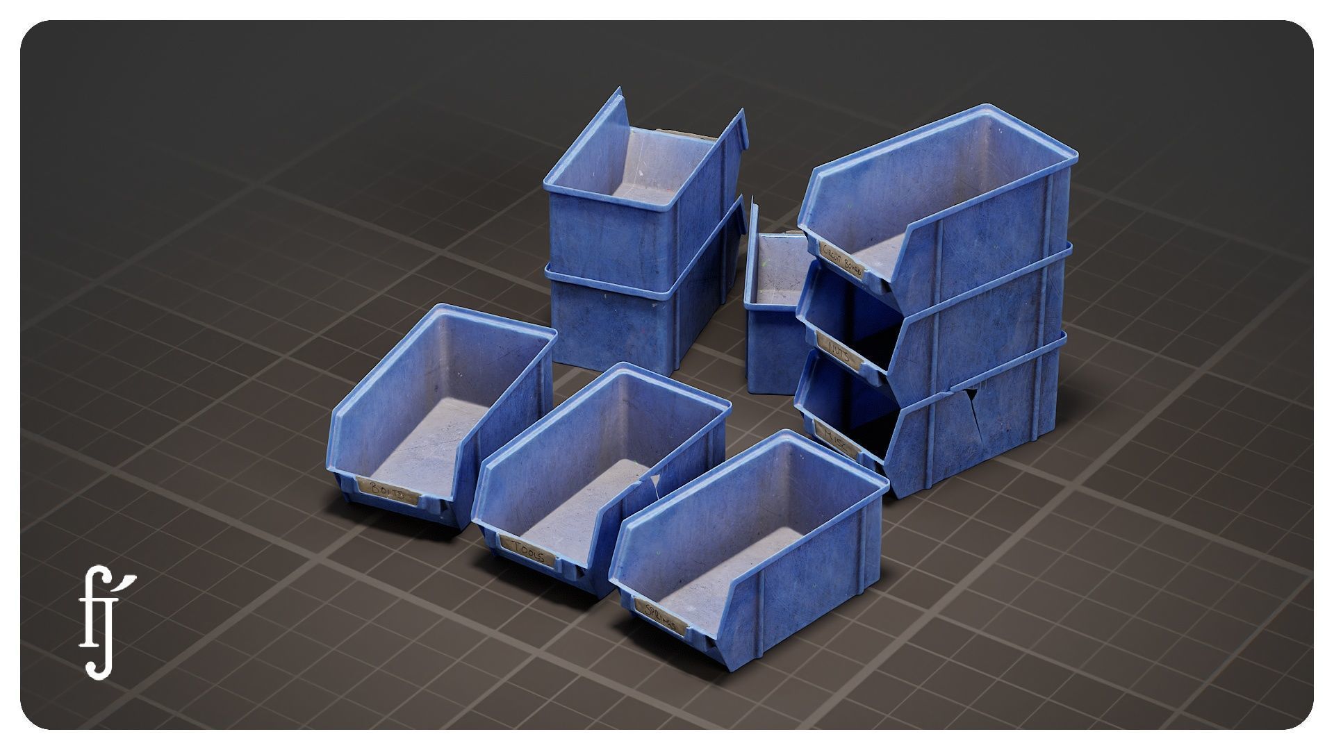 Stackable Blue Plastic Storage Bins - Parts Organizer Trays 3D model_1