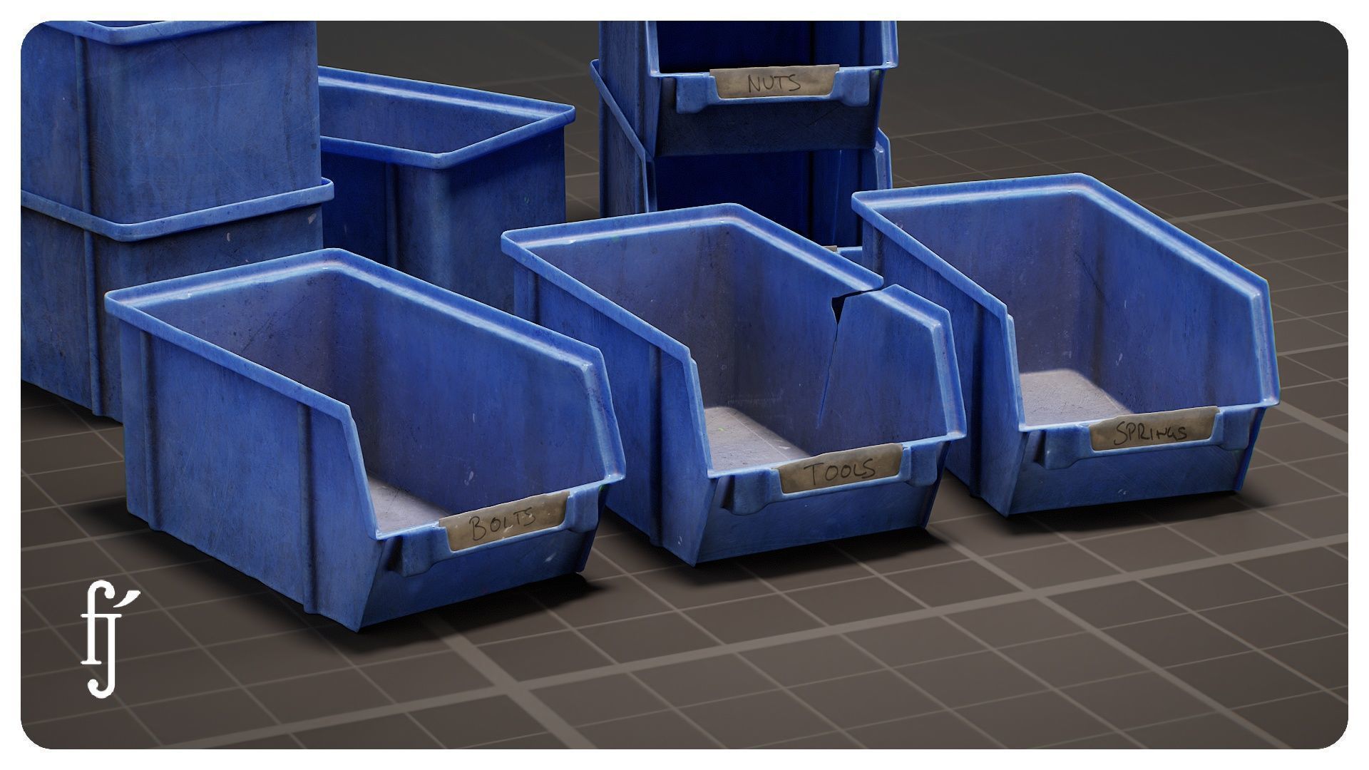 Stackable Blue Plastic Storage Bins - Parts Organizer Trays 3D model_4