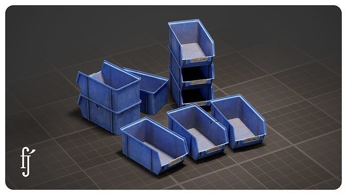Stackable Blue Plastic Storage Bins - Parts Organizer Trays 3D model