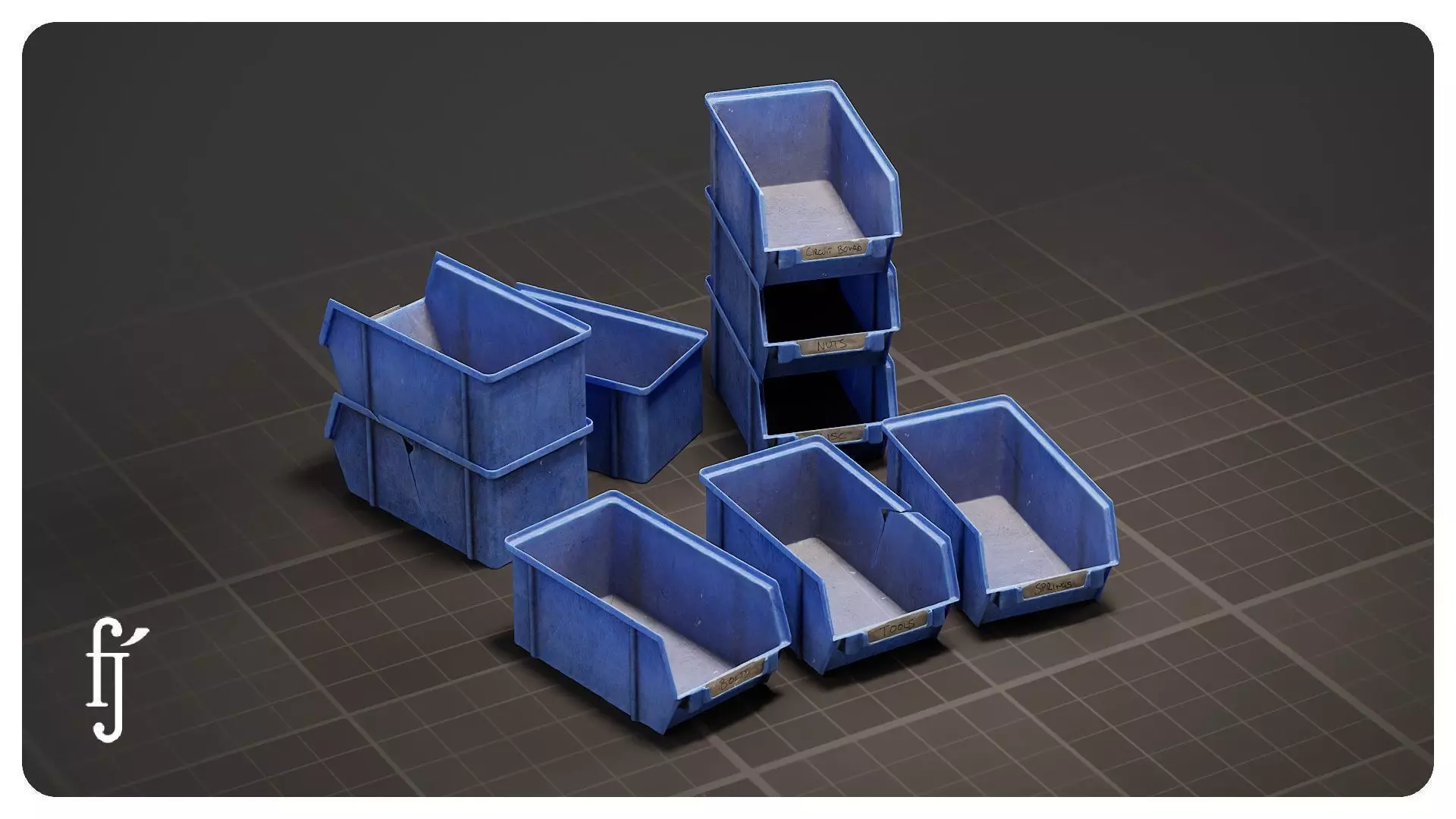 Stackable Blue Plastic Storage Bins - Parts Organizer Trays 3D model_0