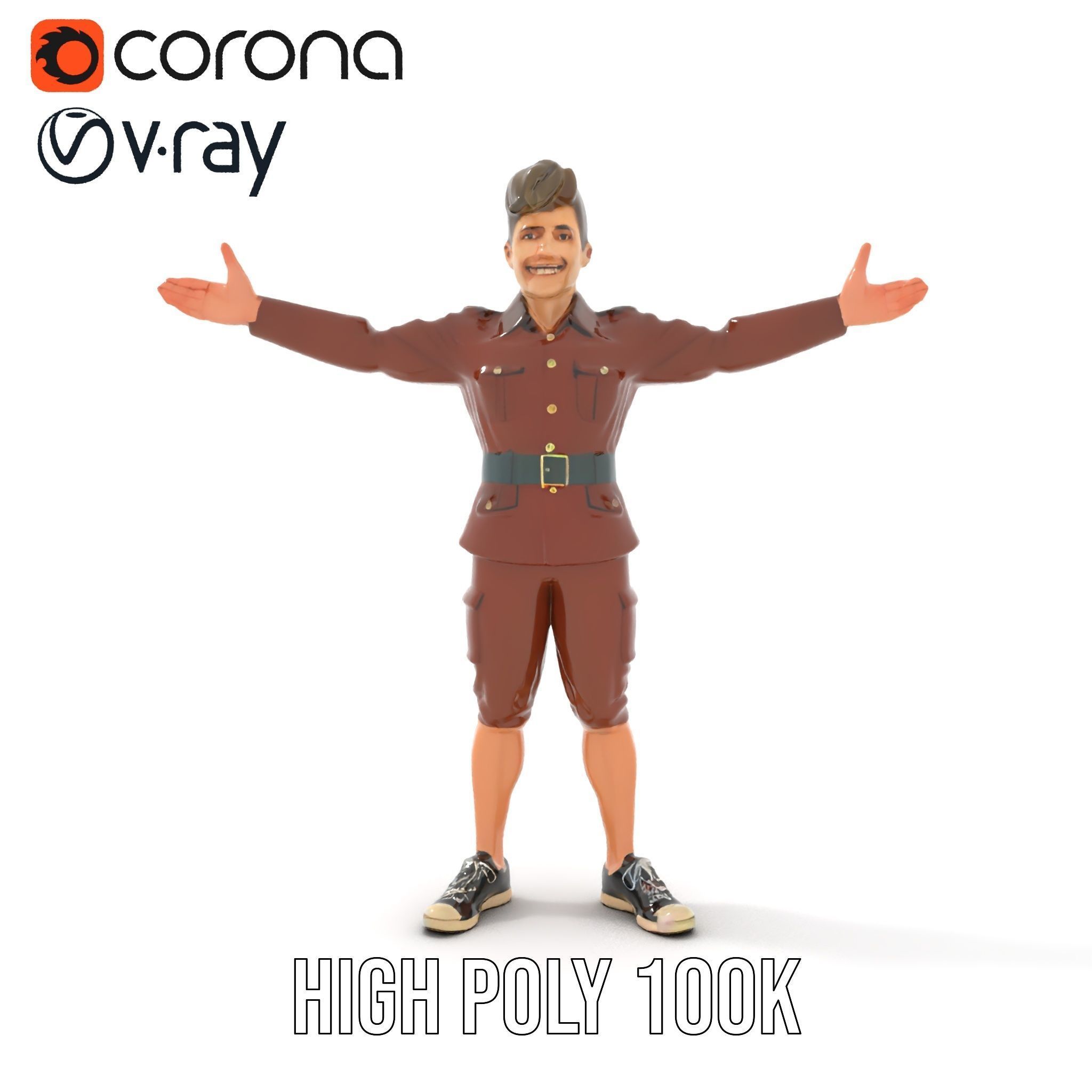 Animated D Character Model in Brown Uniform  Rigged and Animated Low-poly 3D model_23