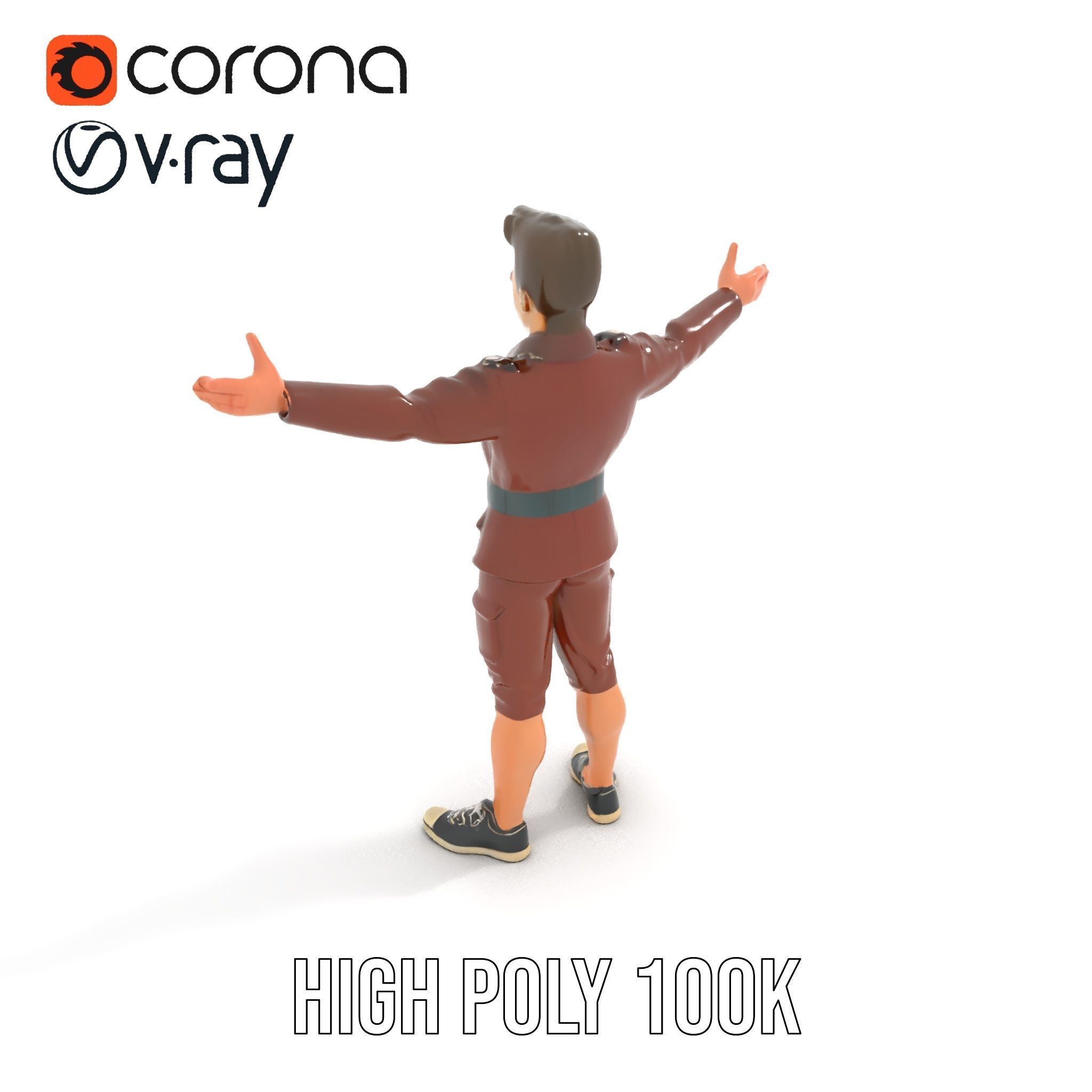 Animated D Character Model in Brown Uniform  Rigged and Animated Low-poly 3D model_9