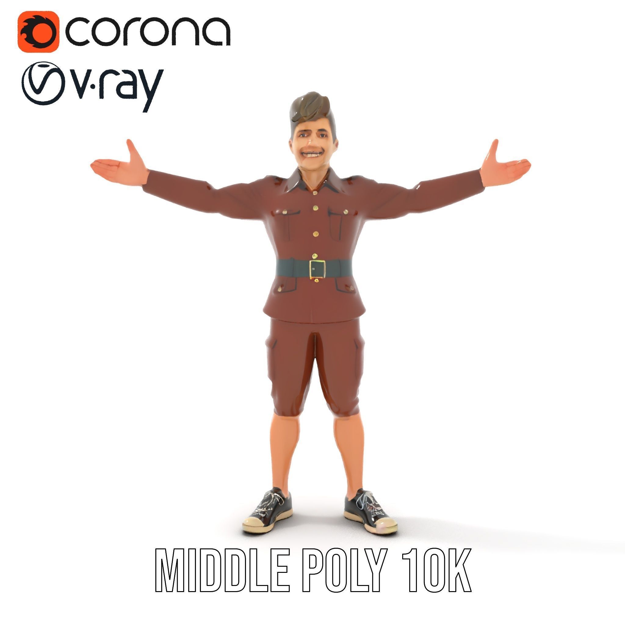 Animated D Character Model in Brown Uniform  Rigged and Animated Low-poly 3D model_15