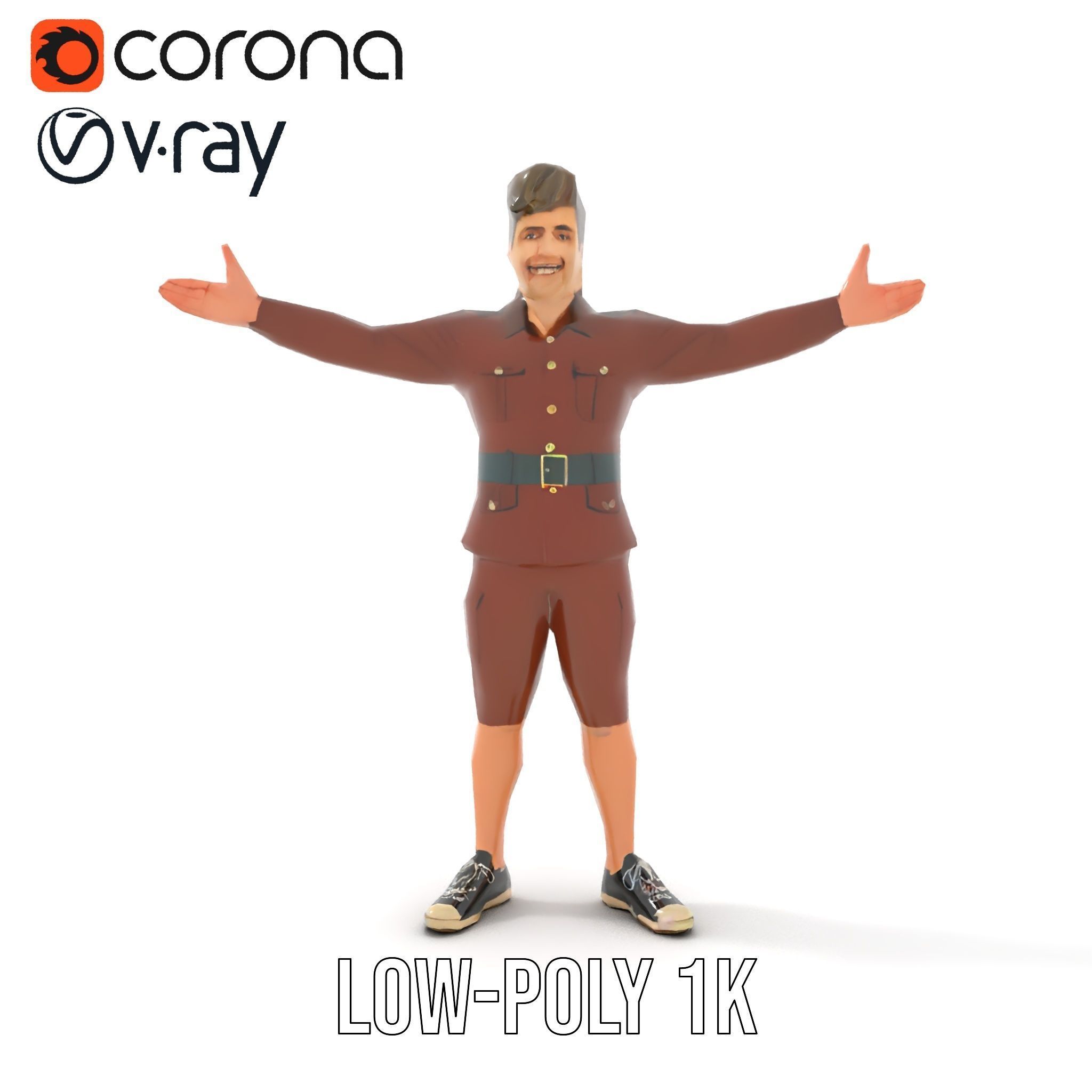 Animated D Character Model in Brown Uniform  Rigged and Animated Low-poly 3D model_7