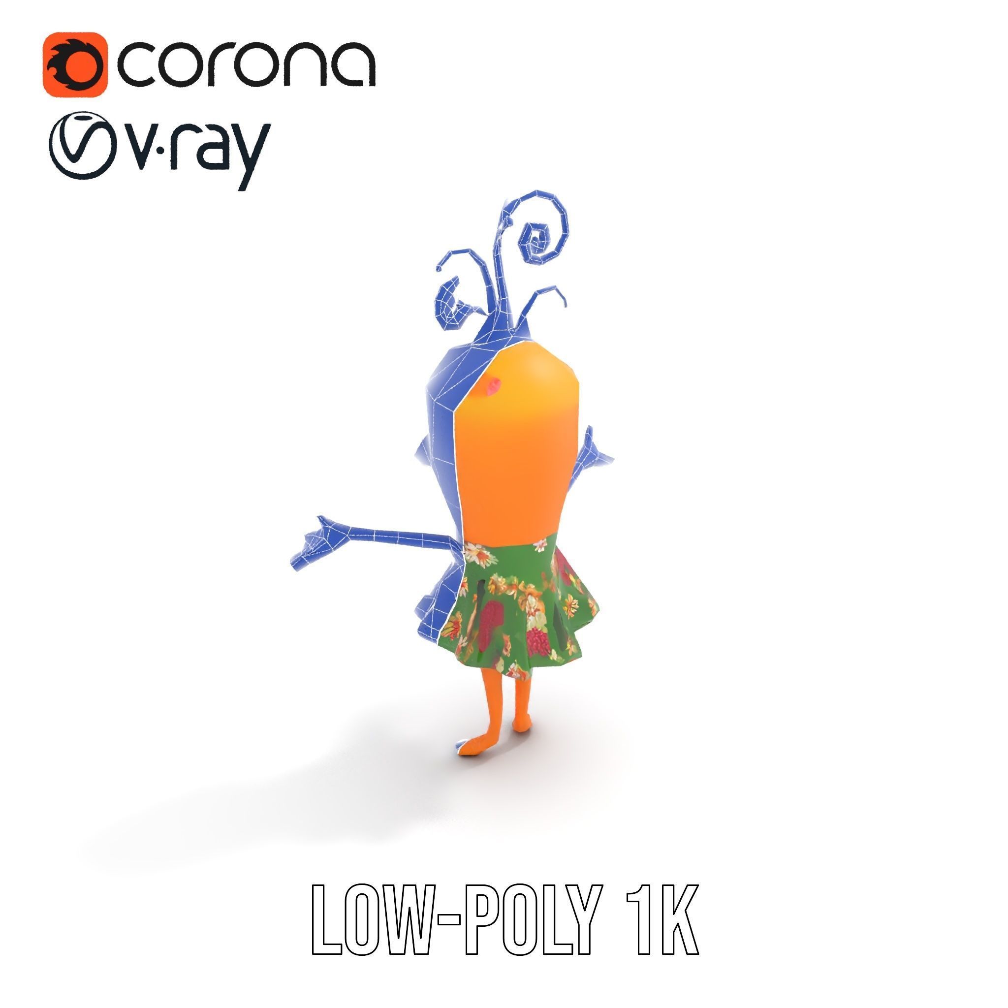 Smiling Carrot Character with Floral Dress Rigged and Animated Low-poly 3D model_27