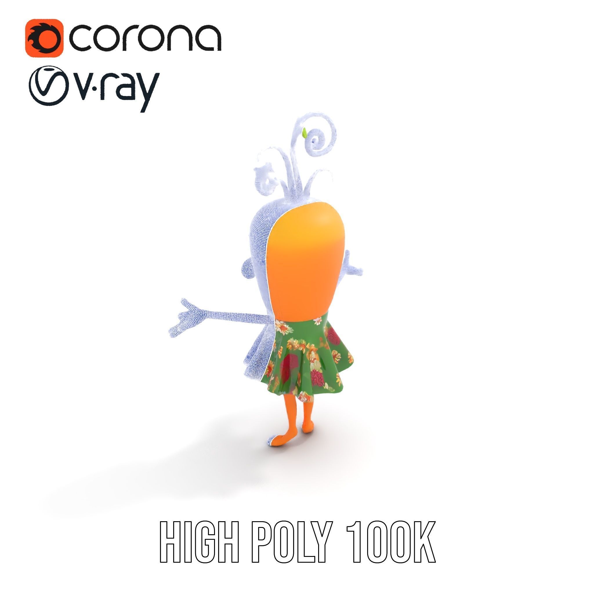 Smiling Carrot Character with Floral Dress Rigged and Animated Low-poly 3D model_25