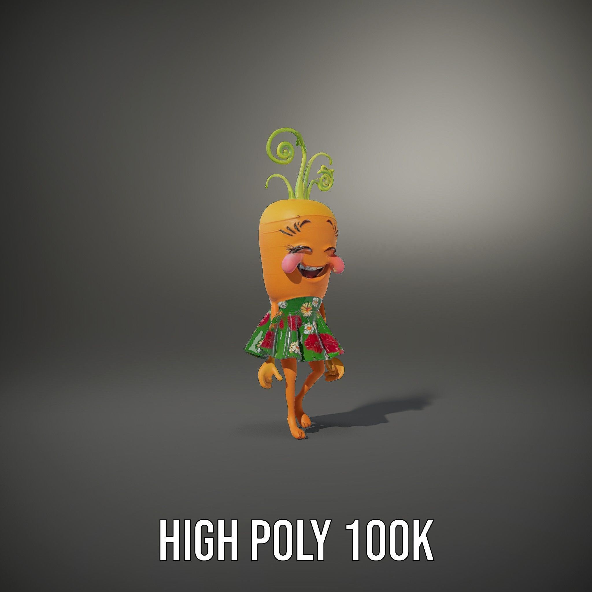 Smiling Carrot Character with Floral Dress Rigged and Animated Low-poly 3D model_36