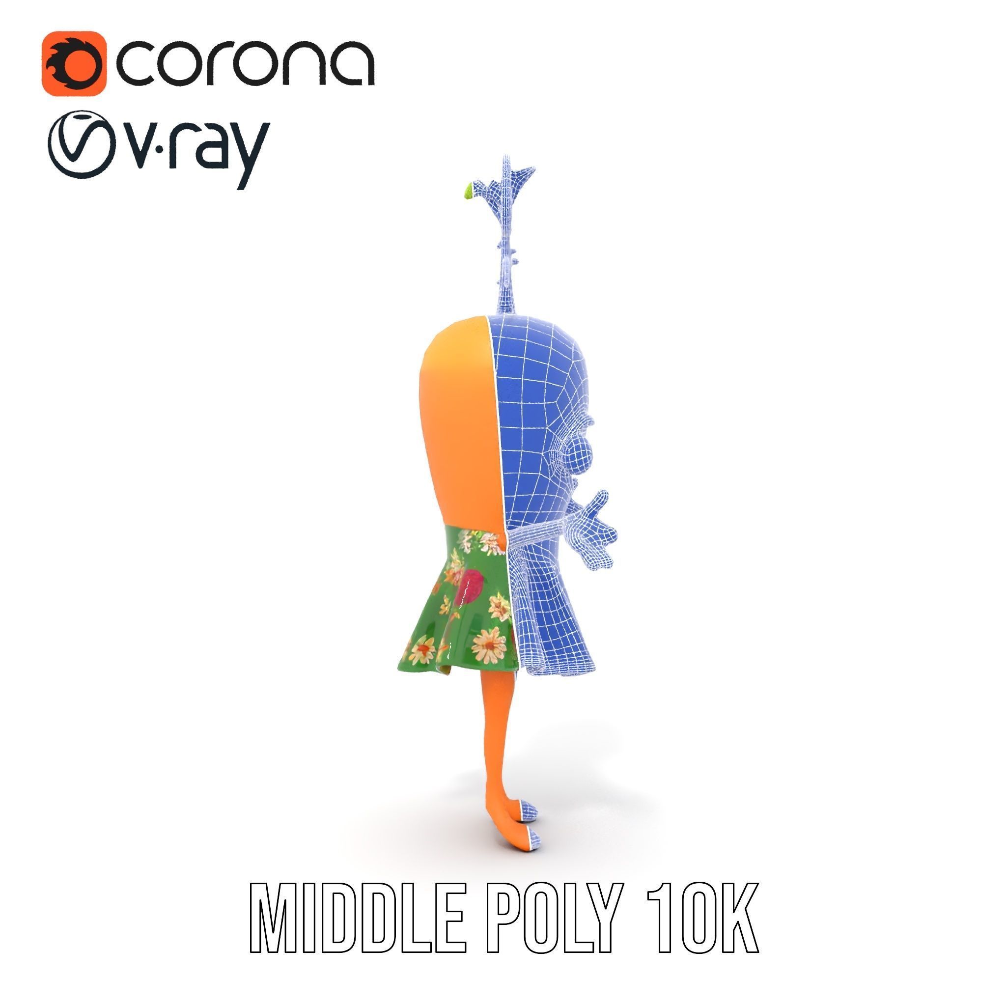 Smiling Carrot Character with Floral Dress Rigged and Animated Low-poly 3D model_34