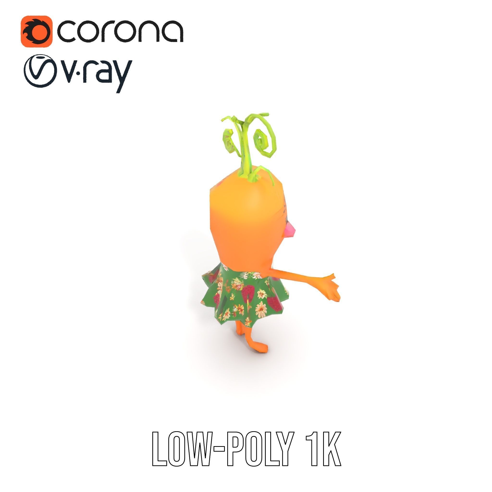 Smiling Carrot Character with Floral Dress Rigged and Animated Low-poly 3D model_18