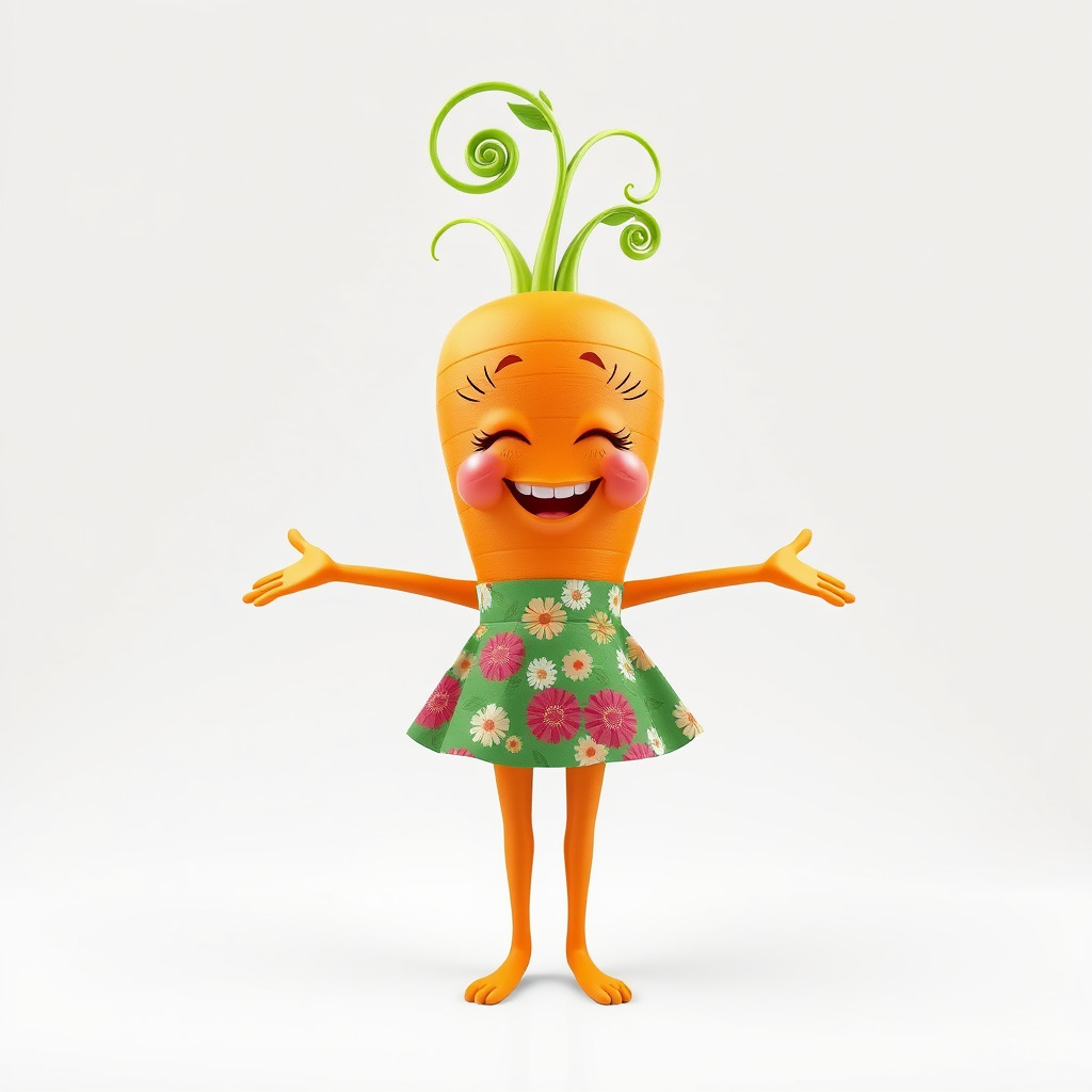 Smiling Carrot Character with Floral Dress Rigged and Animated Low-poly 3D model_2