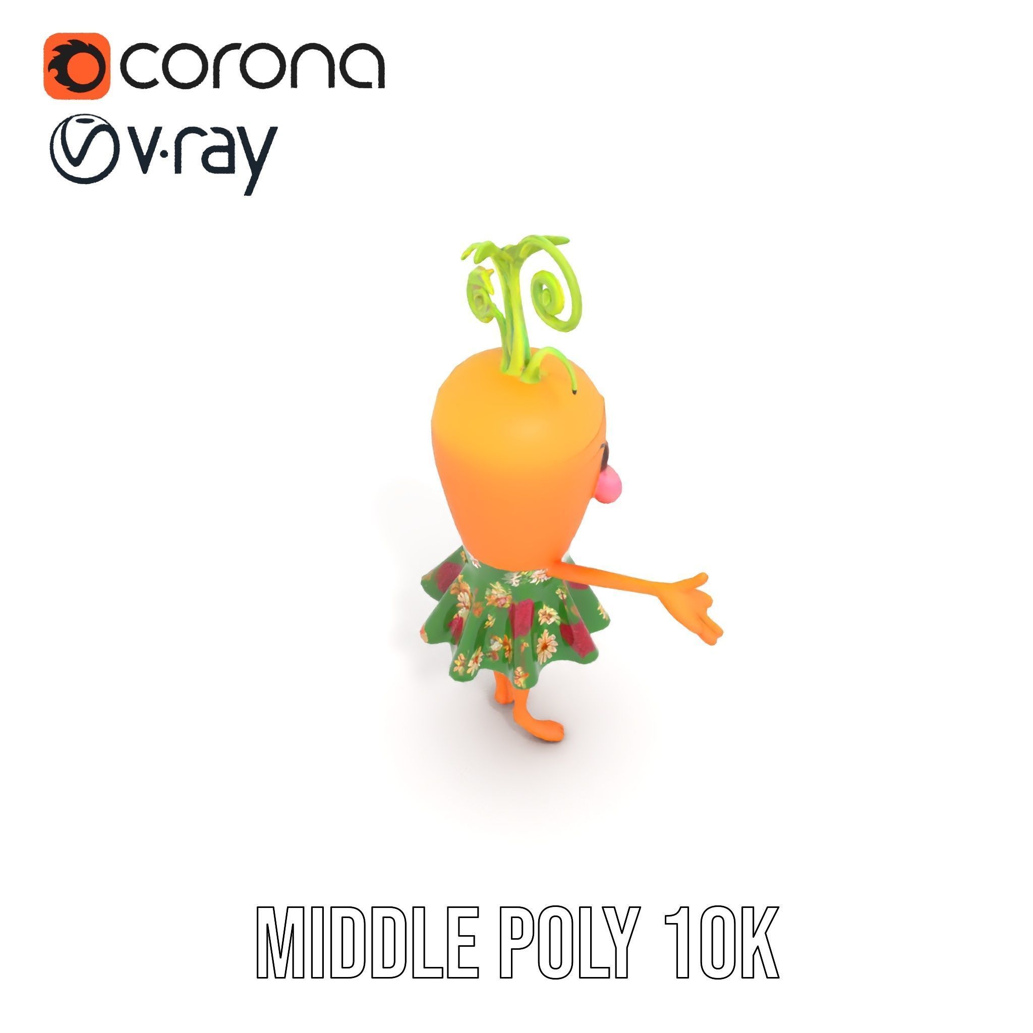 Smiling Carrot Character with Floral Dress Rigged and Animated Low-poly 3D model_23