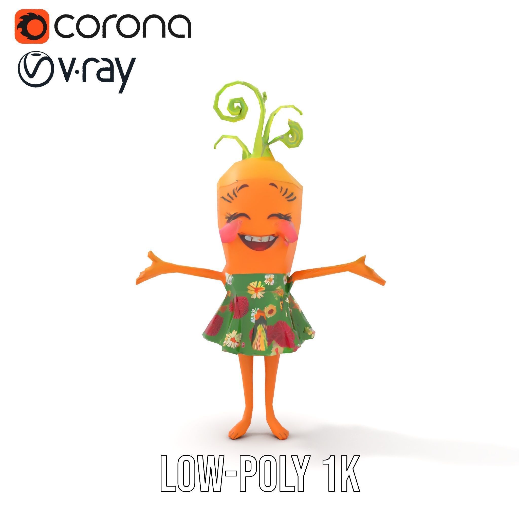 Smiling Carrot Character with Floral Dress Rigged and Animated Low-poly 3D model_15