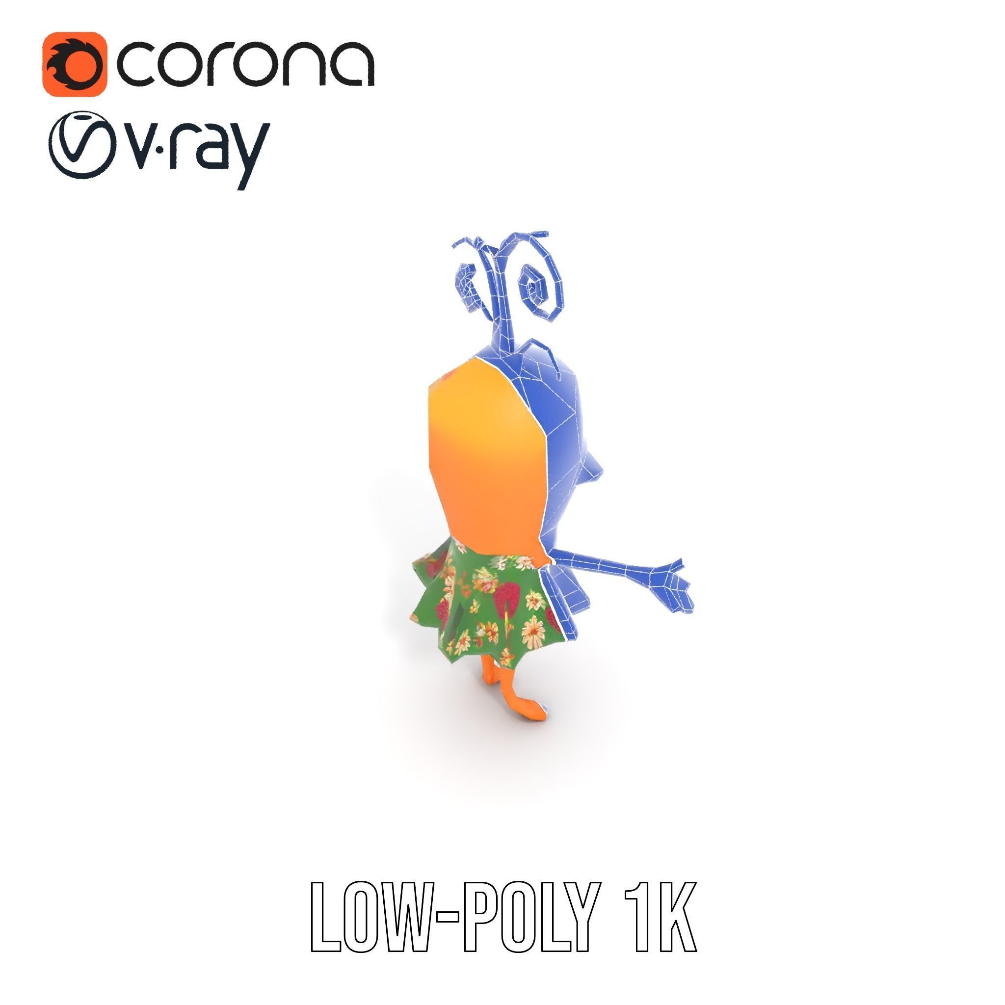 Smiling Carrot Character with Floral Dress Rigged and Animated Low-poly 3D model_21