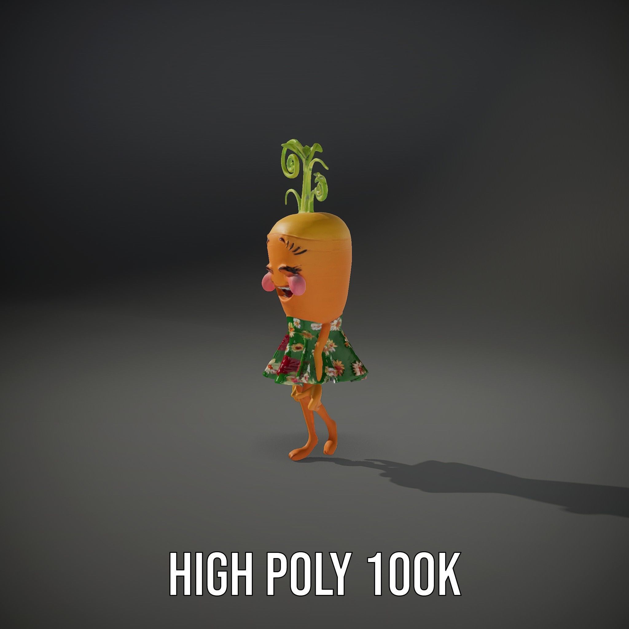 Smiling Carrot Character with Floral Dress Rigged and Animated Low-poly 3D model_33