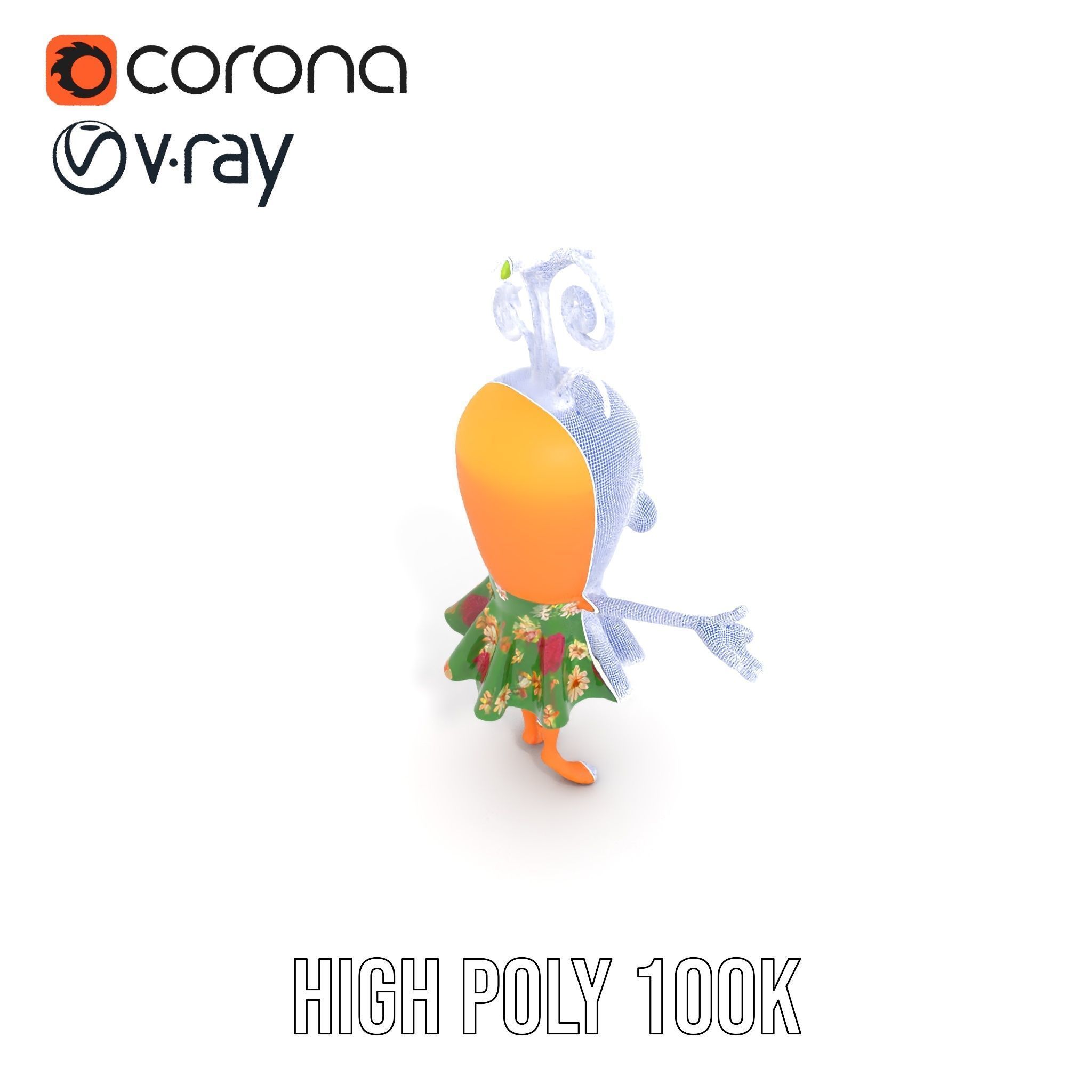 Smiling Carrot Character with Floral Dress Rigged and Animated Low-poly 3D model_22