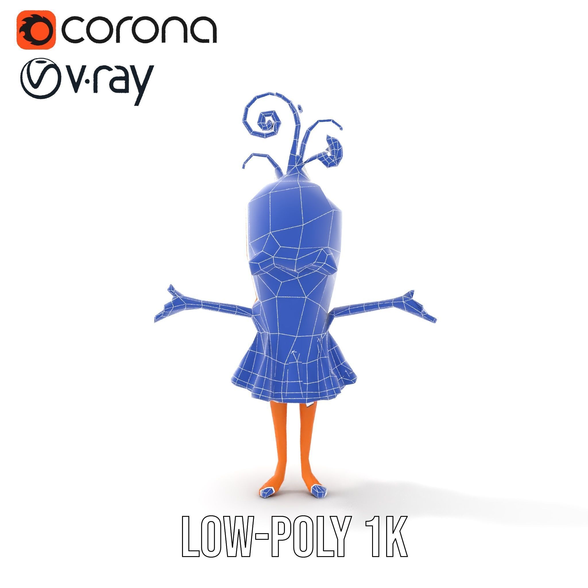 Smiling Carrot Character with Floral Dress Rigged and Animated Low-poly 3D model_30