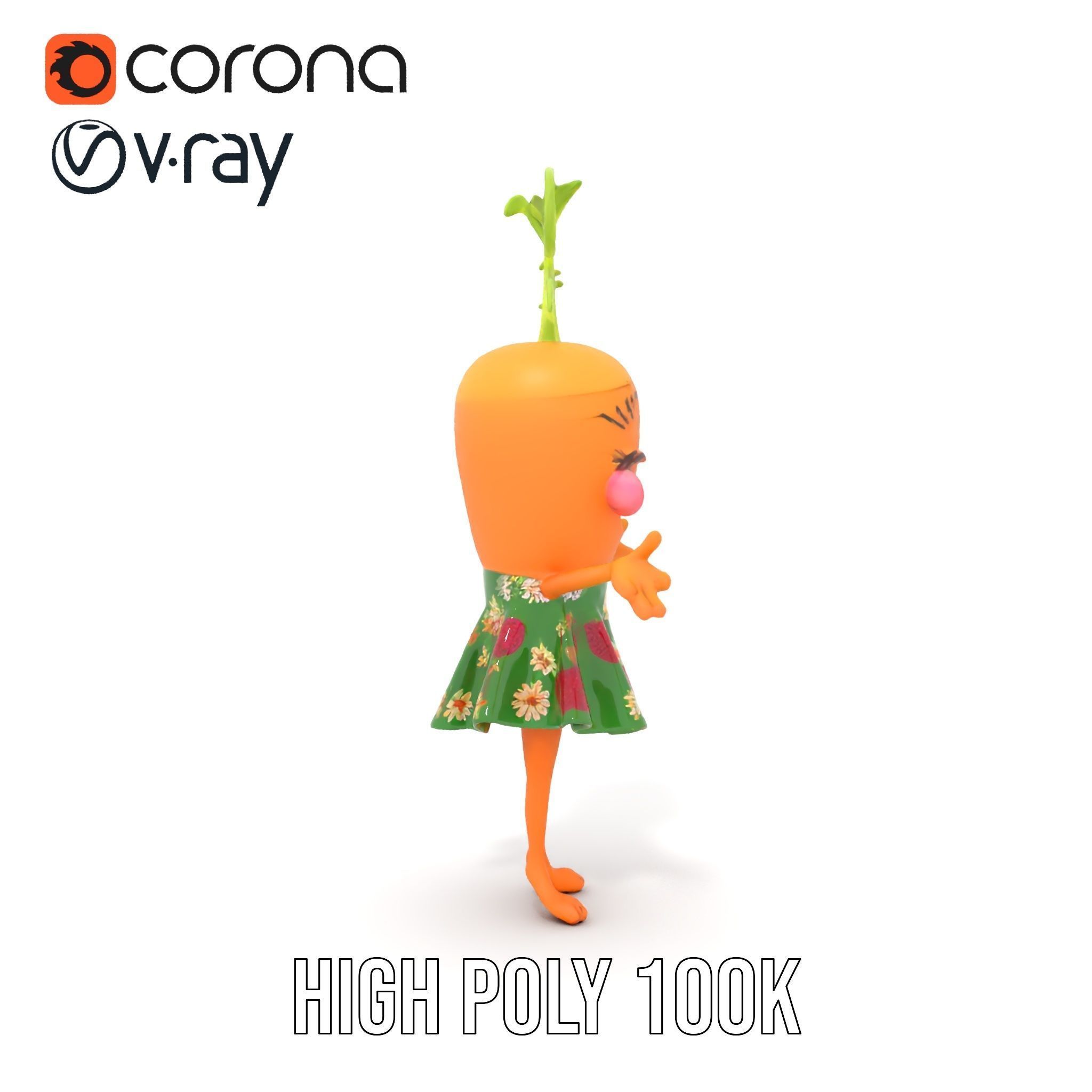 Smiling Carrot Character with Floral Dress Rigged and Animated Low-poly 3D model_19